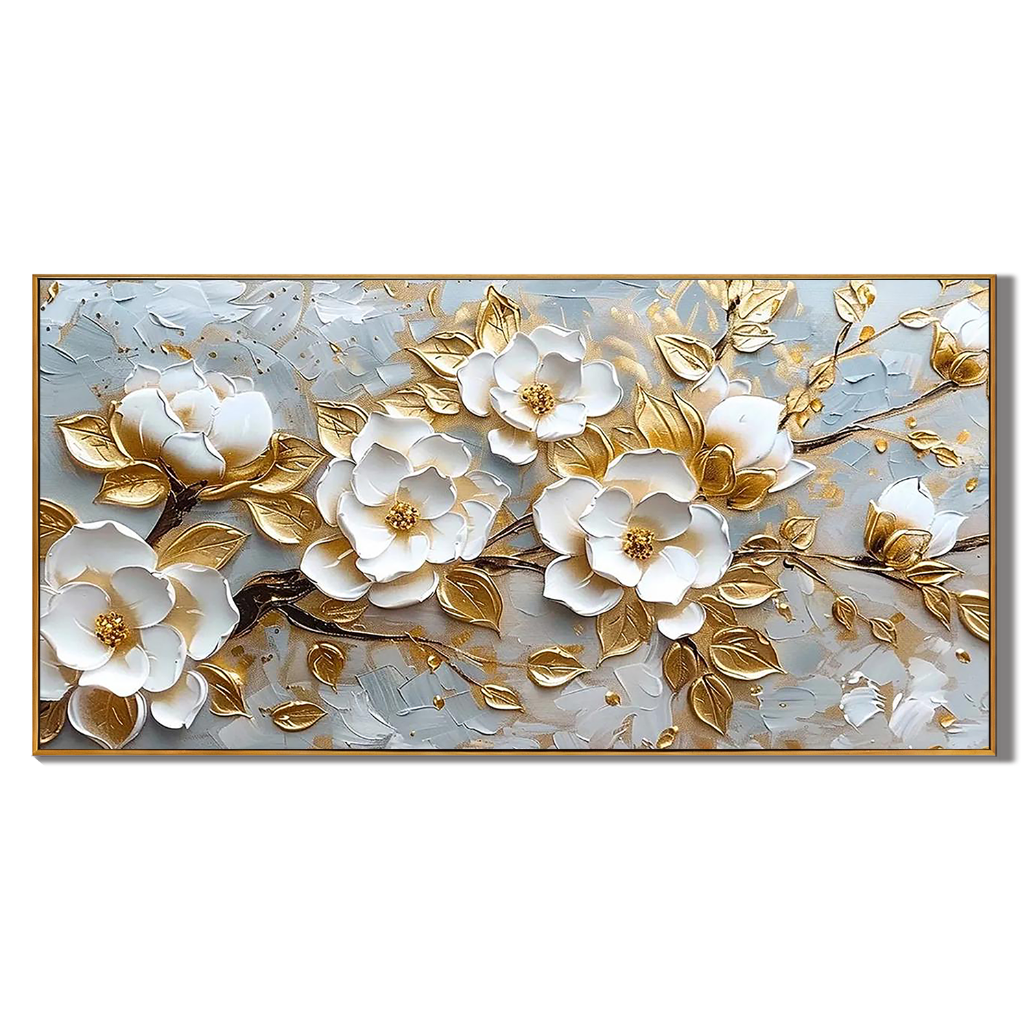 GOLDEN BLOOM: Floral Wall Art, Luxury Gold Foil White Flower 3D Relief Textured Gallery Art