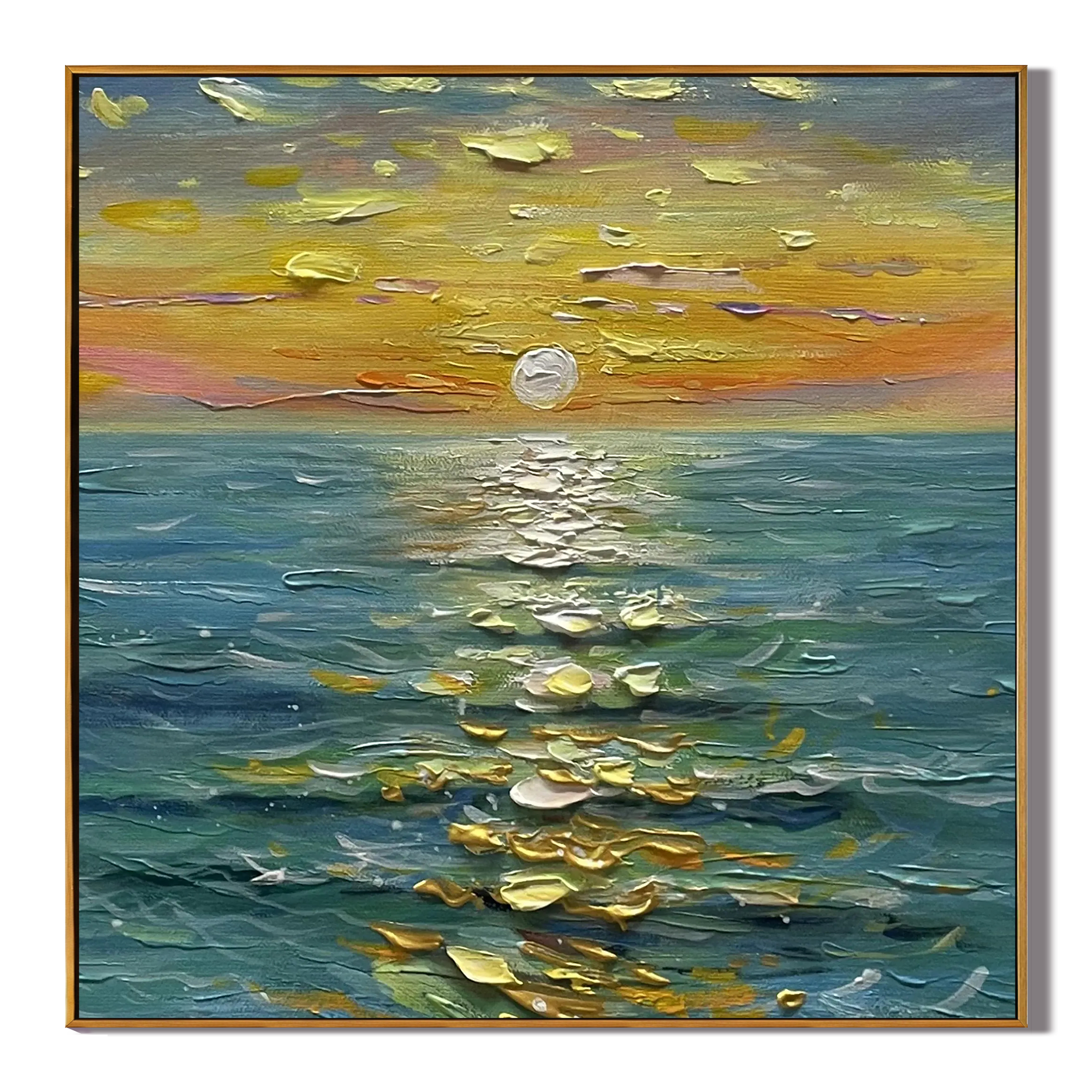 GOLDEN TIDE: Landscape Art, Hand-Painted Sunset Ocean with Glistening Gold Impasto 3D Heavy Texture Studio Art