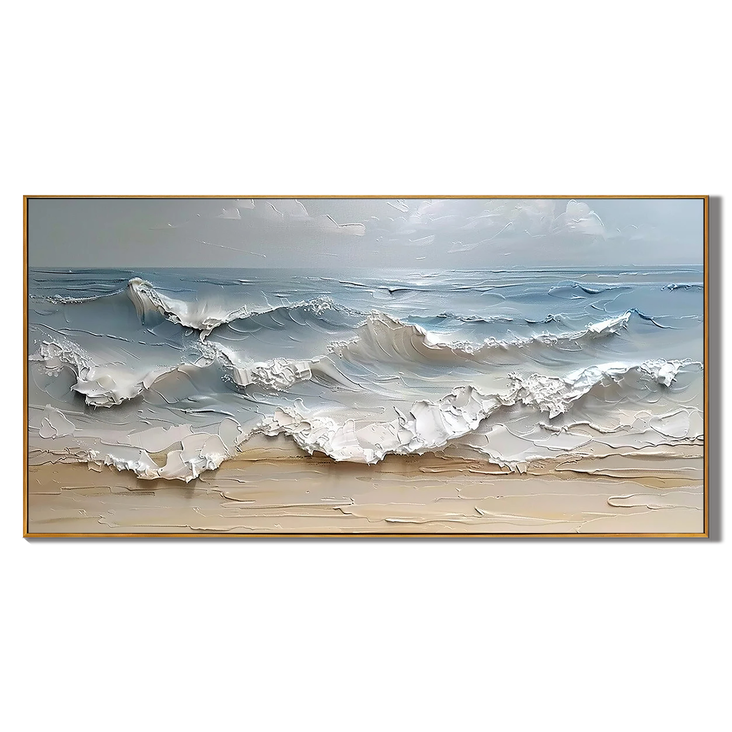 SHORELINE ECHO: Seascape Wall Art, Hand-Painted Creamy Sand Beach Wave Palette Knife Thick Textured Oil Painting