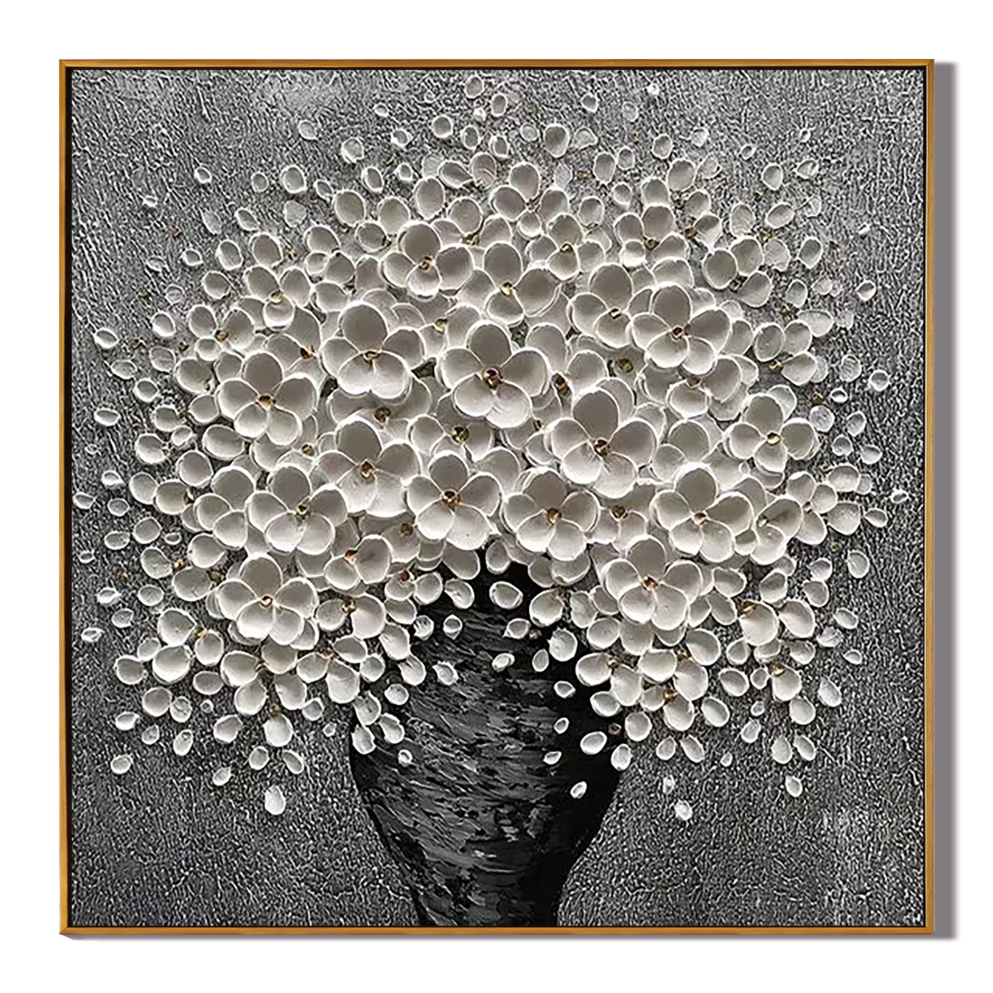 STELLAR BLOOM: Modern Square 3D Heavy Texture Floral Wall Art, White Petal Relief on Silver Plaster