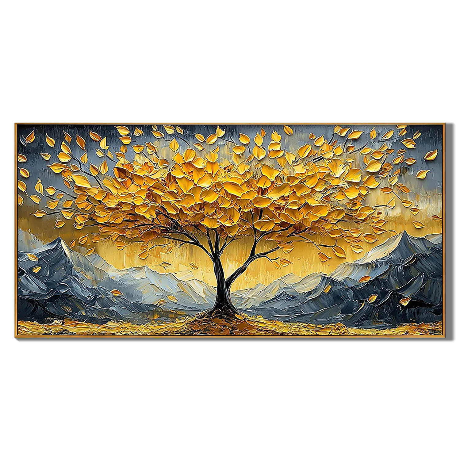 Summit of Gold – Modern Luxury Mountain Tree Oil Painting | Impasto Prosperity Living Room Art