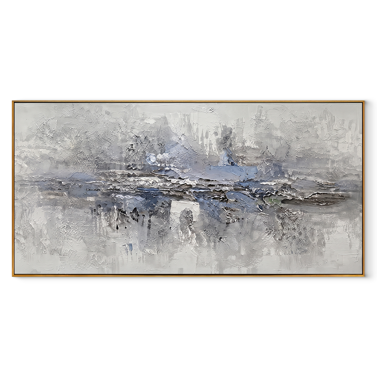 Mist Across Quiet Water – Grey Blue Atmospheric Painting | Modern Horizontal Wall Art