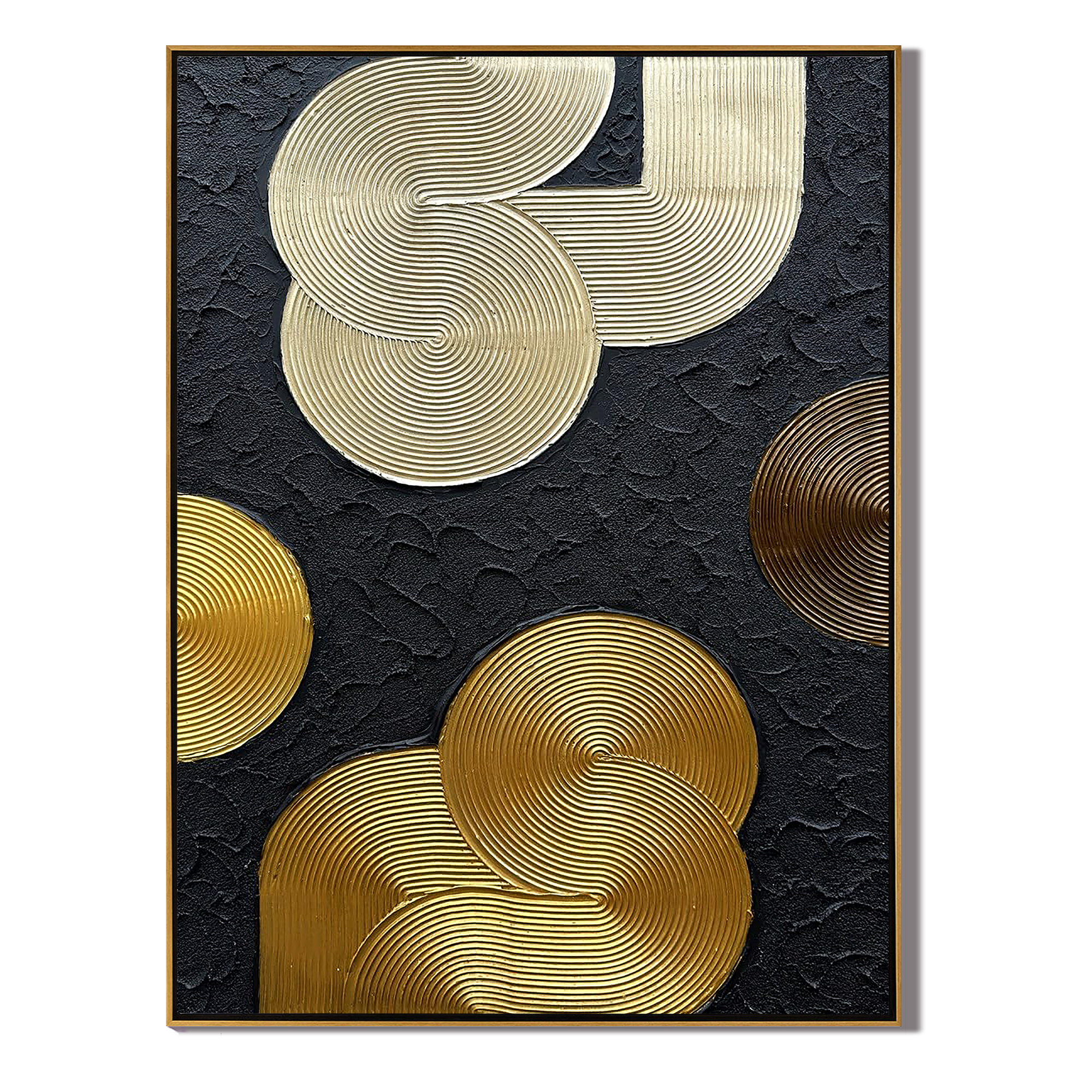 Metallic Orbit – Luxury Black & Gold 3D Linear Geometric Art | Modern High-End Living Room Art