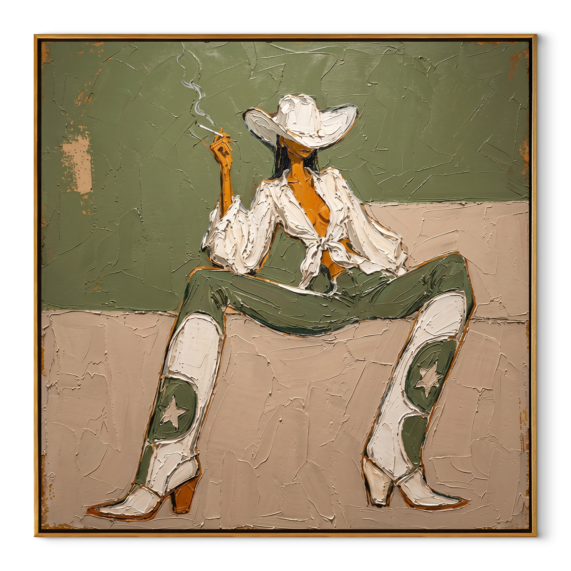 White Boots Hold Ground – Green Cowgirl Painting | Retro Modern Square Wall Art