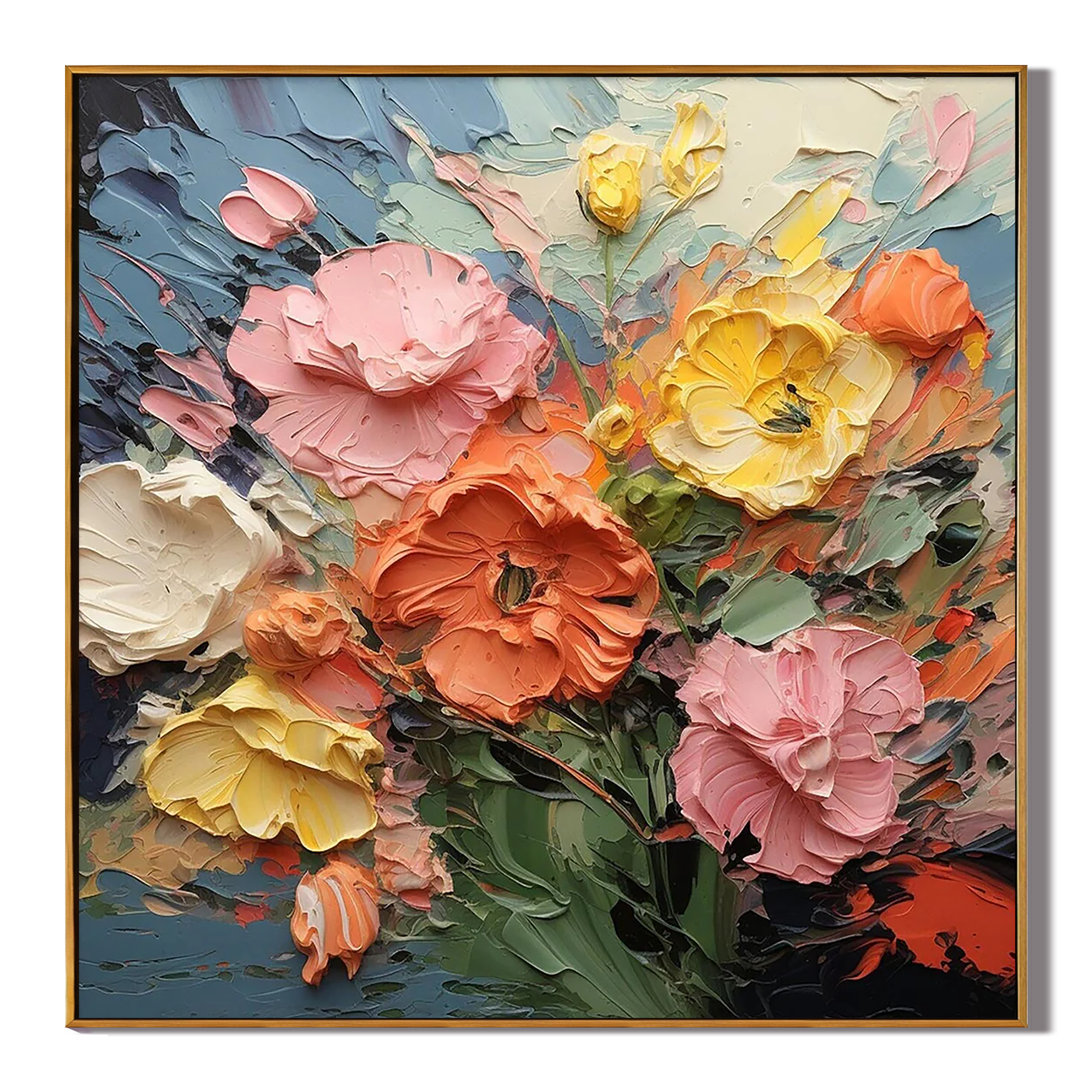 VIBRANT BLOOM: Floral Wall Art, Hand-Painted Multicolored Yellow and Orange Heavy Texture Palette Knife Gallery Art