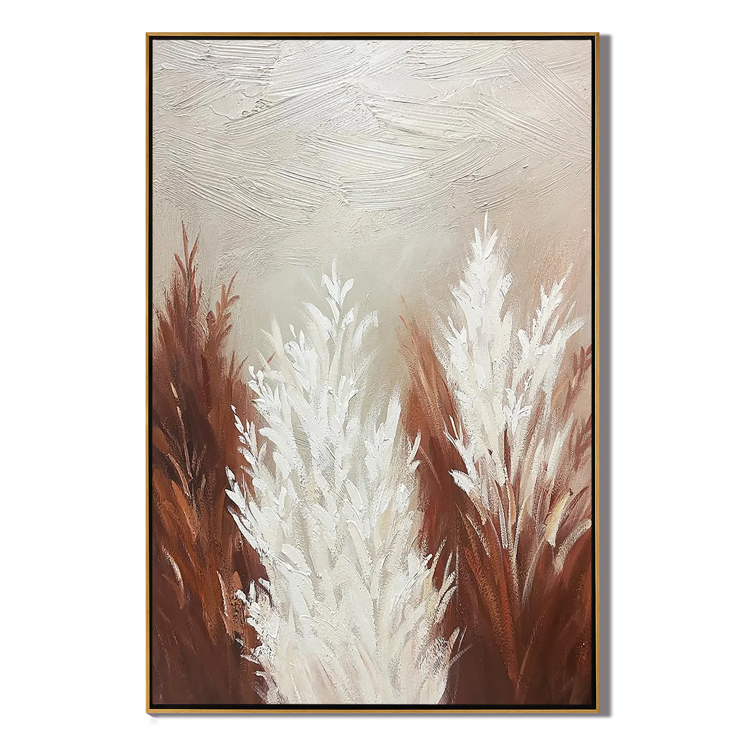 PAMPAS WHISPER: Floral Wall Art, Hand-Painted Minimalist Pampas Grass 3D Plaster Effect Heavy Texture Canvas Painting
