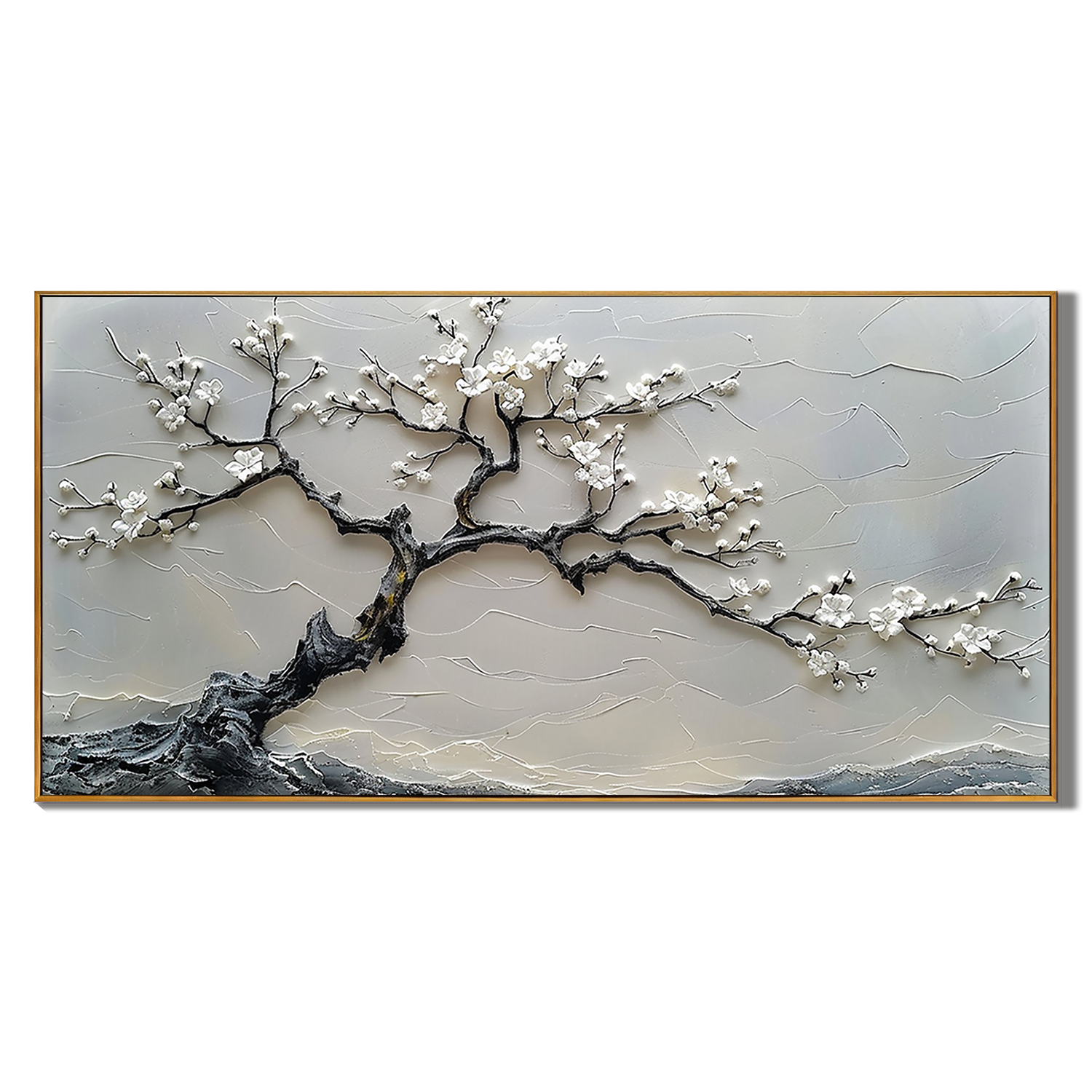 Winter Blossom – Luxury High-Relief Stark Black and White Painting | Panoramic Botanical Living Room Art
