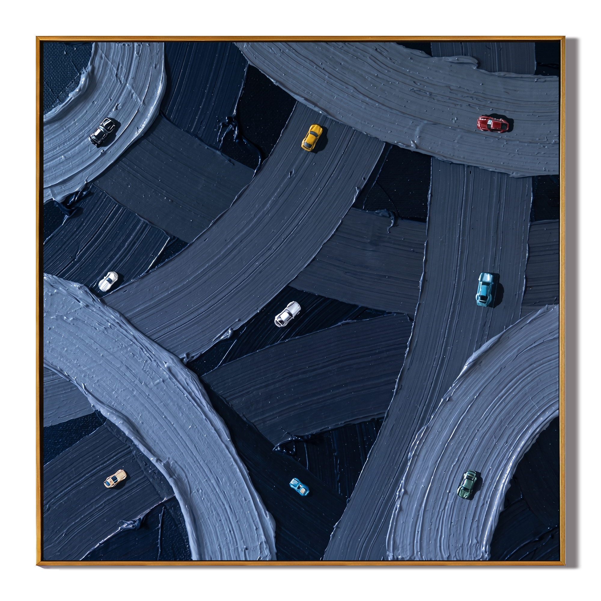 Urban Pulse – Impasto Highway Miniature Car Abstract Canvas | Modern Industrial Office Wall Art