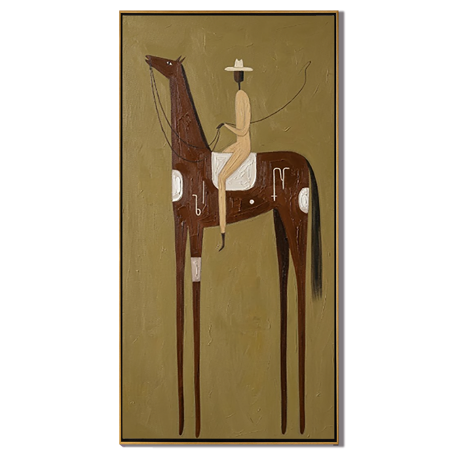High Plains Rider – Vintage Americana Primitive Elongated Horse & Cowboy Painting | Rustic Folk Modern Living Room Art