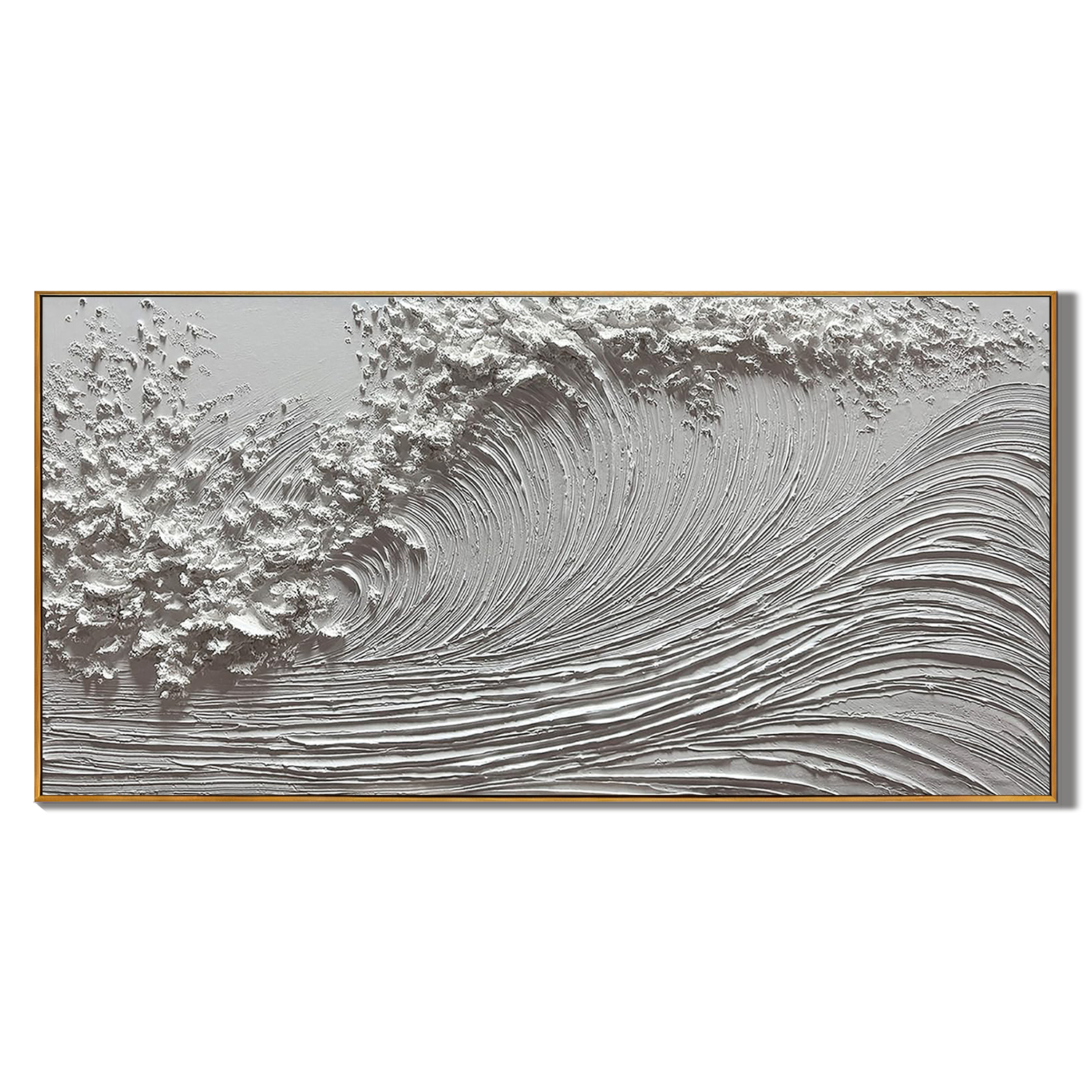 SILVER SURGE: Panoramic 3D Heavy Texture Wave Wall Art, Modern Grayscale Relief Painting