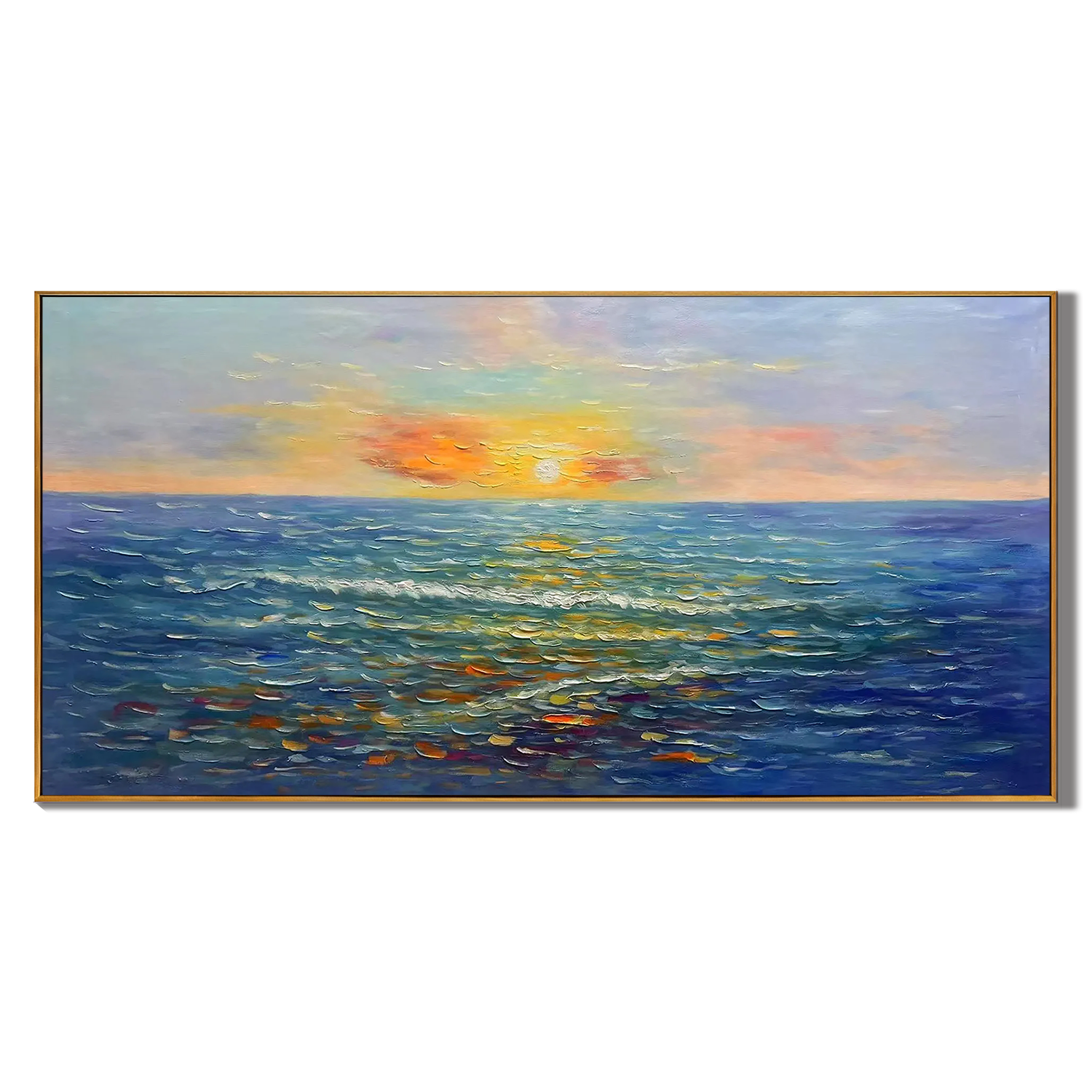 OCEAN REFLECTION: Texture Wall Art, Hand-Painted Horizontal Deep Blue Sea Sunset 3D Heavy Texture Palette Knife Gallery Art