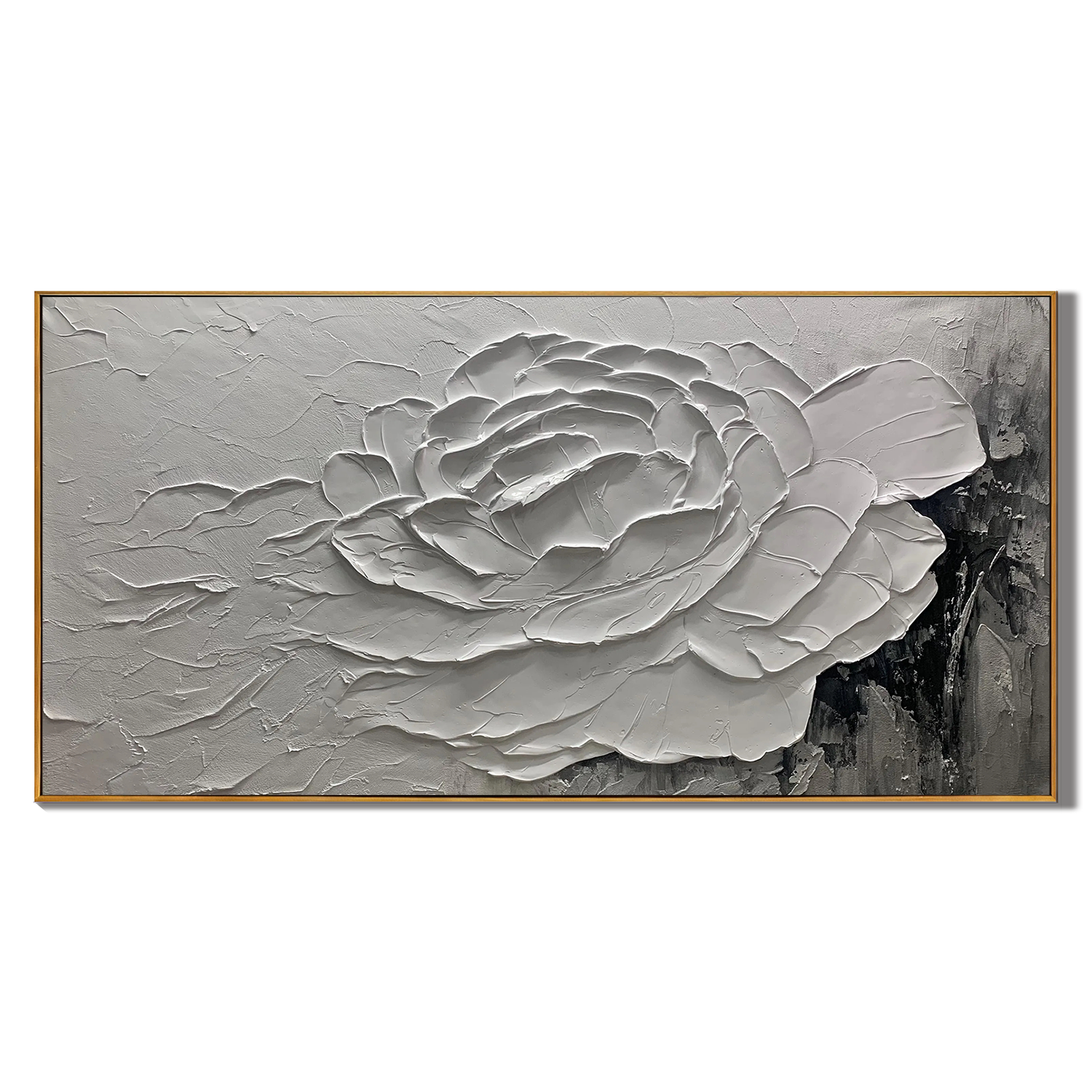 SCULPTED BLOOM: Floral Wall Art, Hand-Painted Horizontal Grey and White 3D Relief Plaster Effect Heavy Texture Studio Art