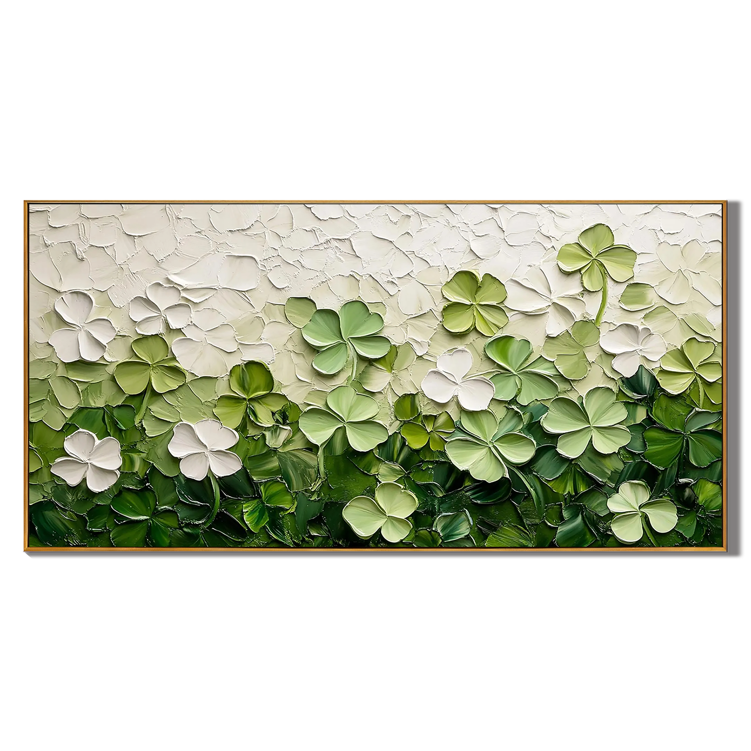 LUCKY MEADOW: Floral Wall Art, Hand-Painted Green Clover Field Palette Knife Layered Textured Gallery Art