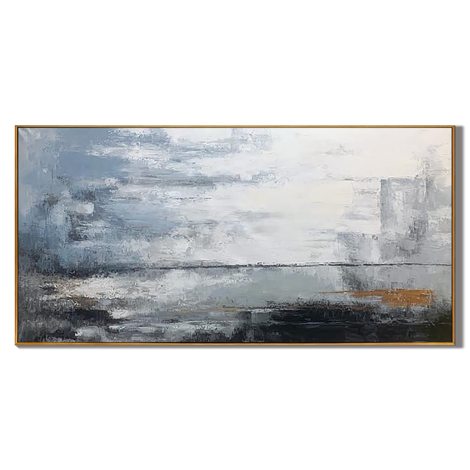 URBAN MIST: Abstract Wall Art, Hand-Painted Grey and Gold Horizontal Palette Knife Textured Gallery Art