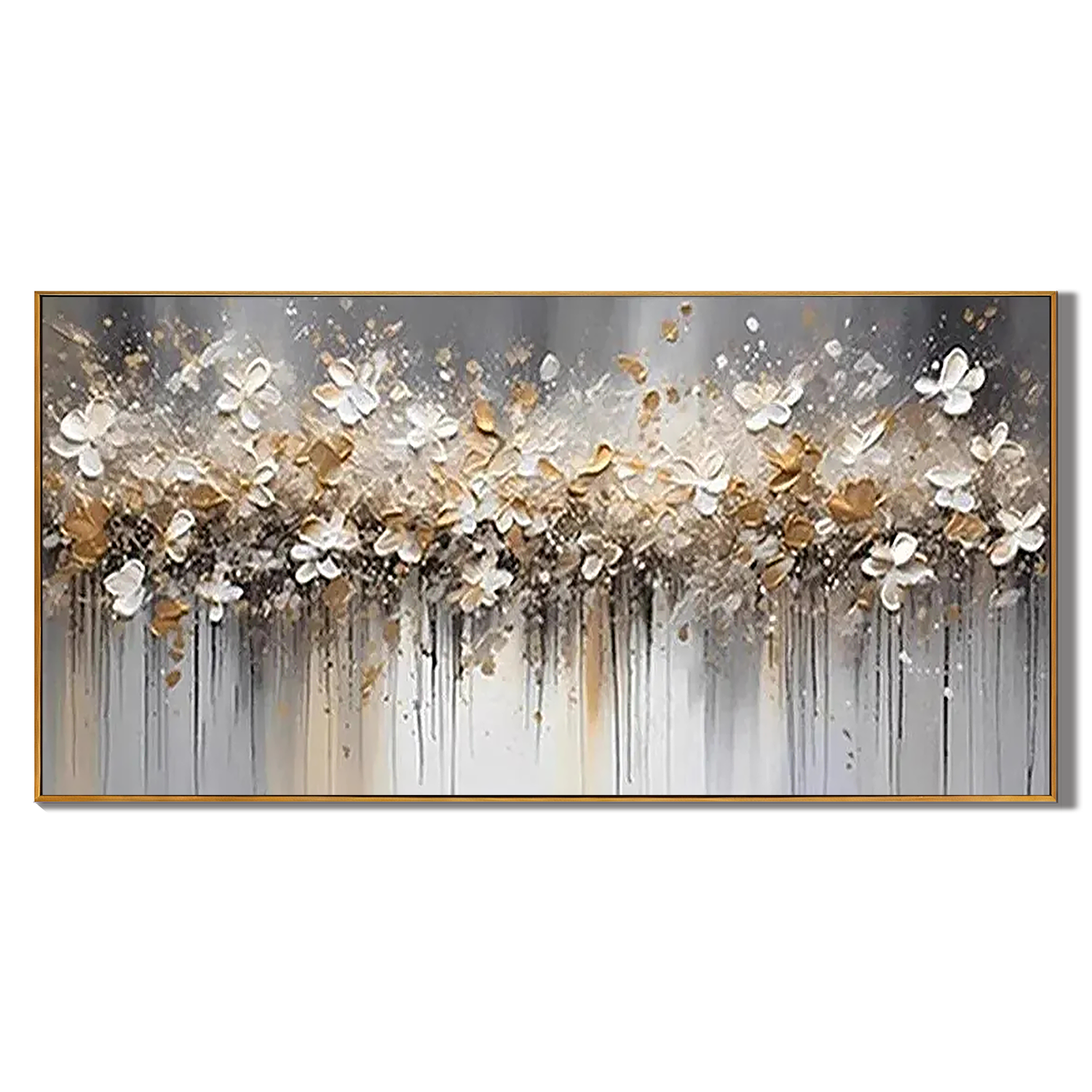 GOLDEN ELEGANCE: Floral Wall Art, luxury Gold Foil White Blossom Hand-Painted Textured Gallery Art