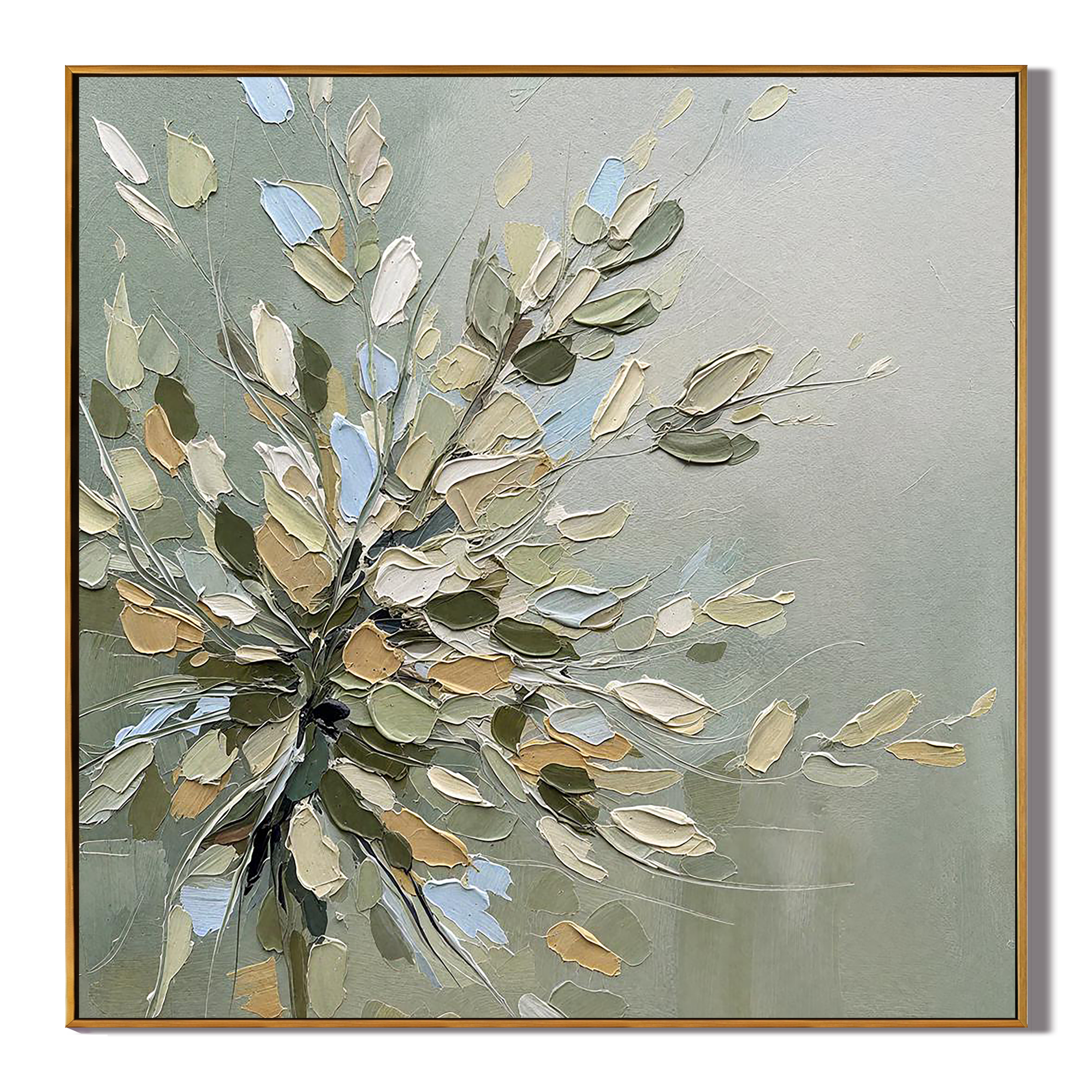 Sage Petals – Hand-Painted Sage Green 3D Impasto Blossom Floral Painti