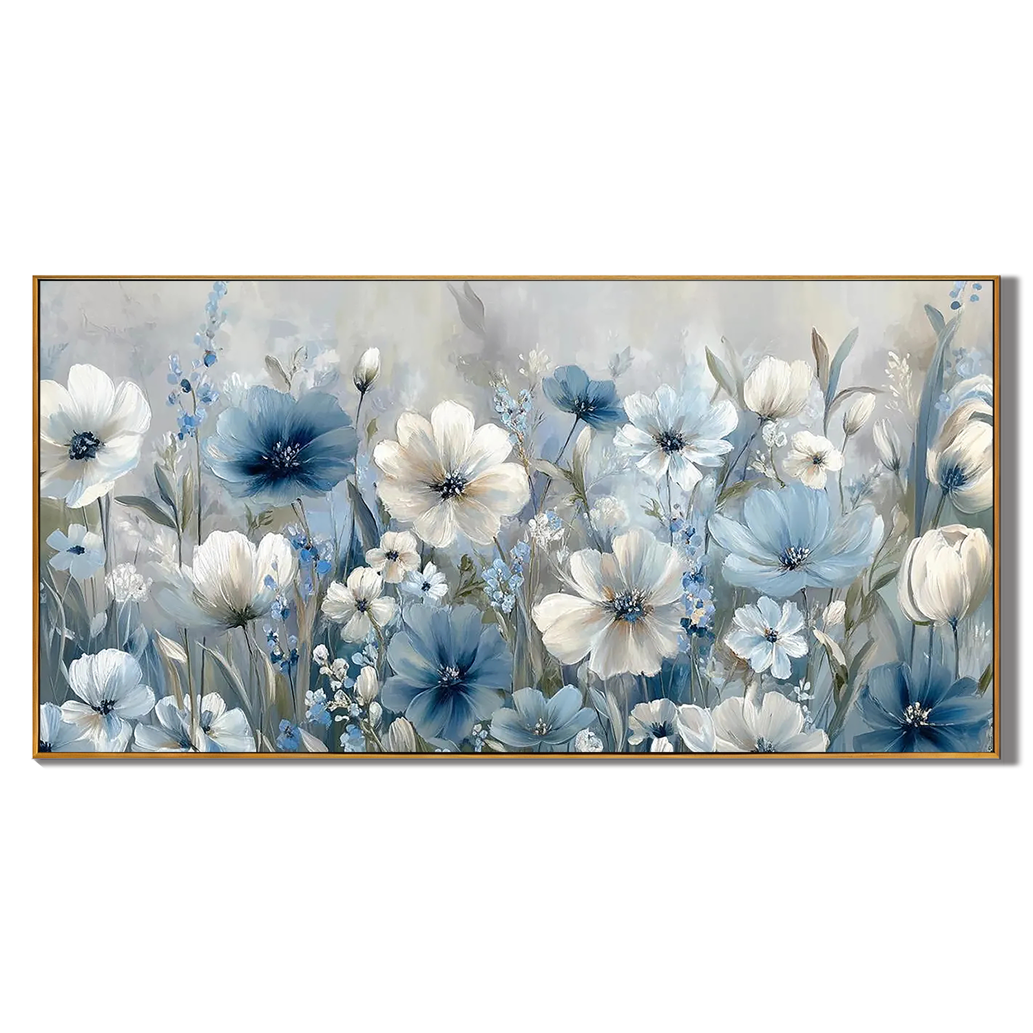 COASTAL BLOOM: Panoramic 3D Heavy Texture Botanical Wall Art, Soft Blue & White Floral Relief