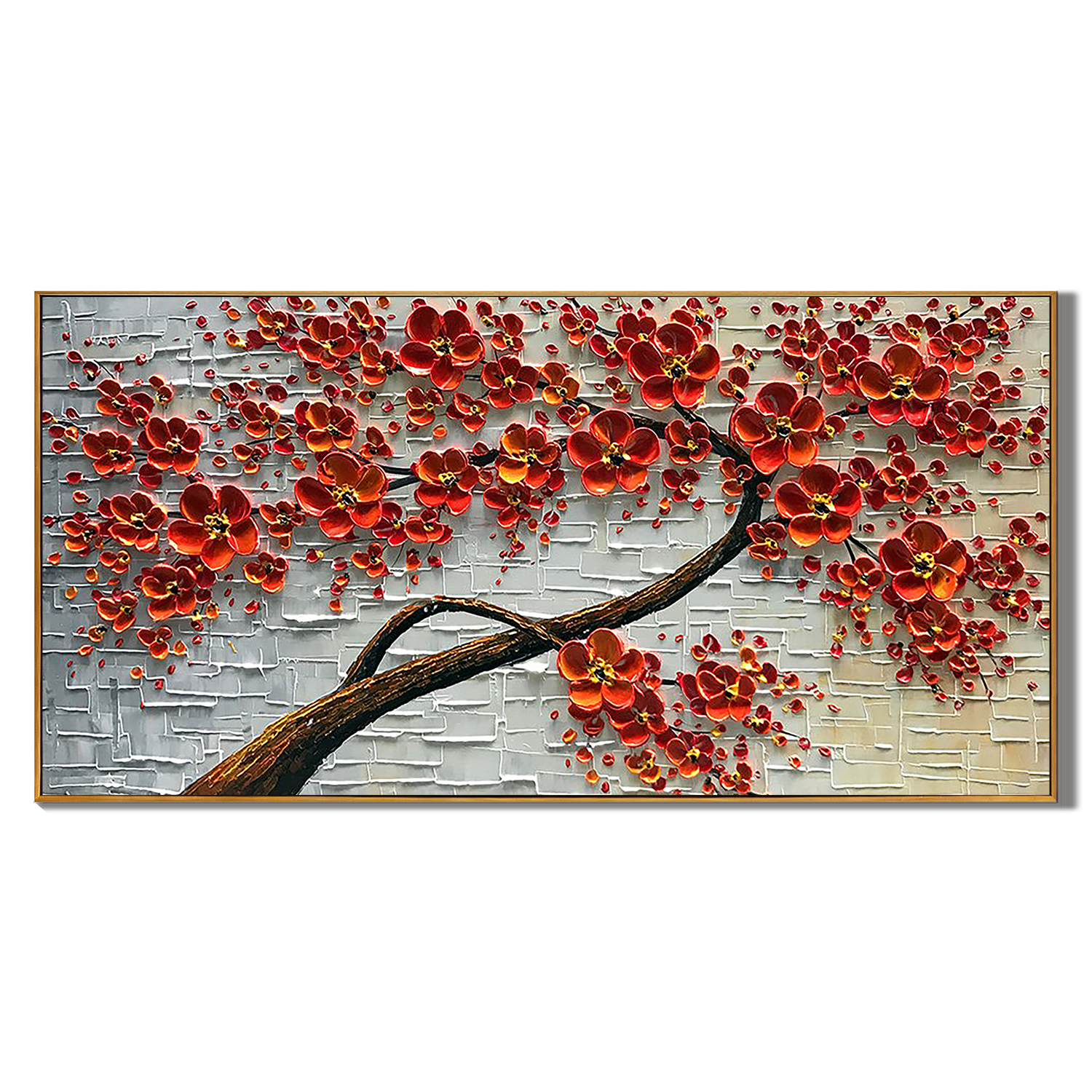CRIMSON BLOSSOM: Panoramic 3D Heavy Texture Floral Wall Art, Red Flower Tree Relief Painting