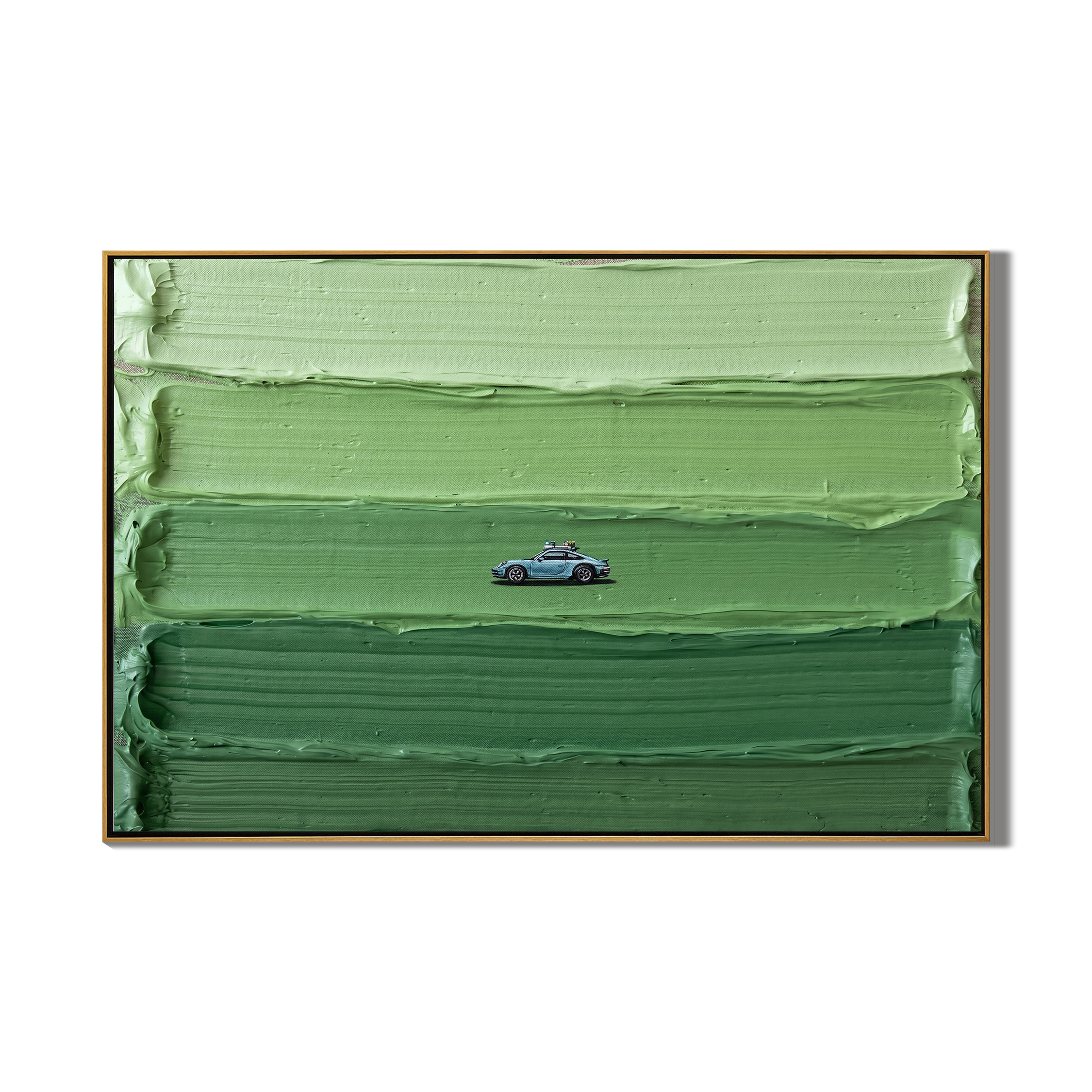 The Green Horizon – Modern Minimalist Classic Car Oil Painting | Heavy Impasto Textured Office Decor