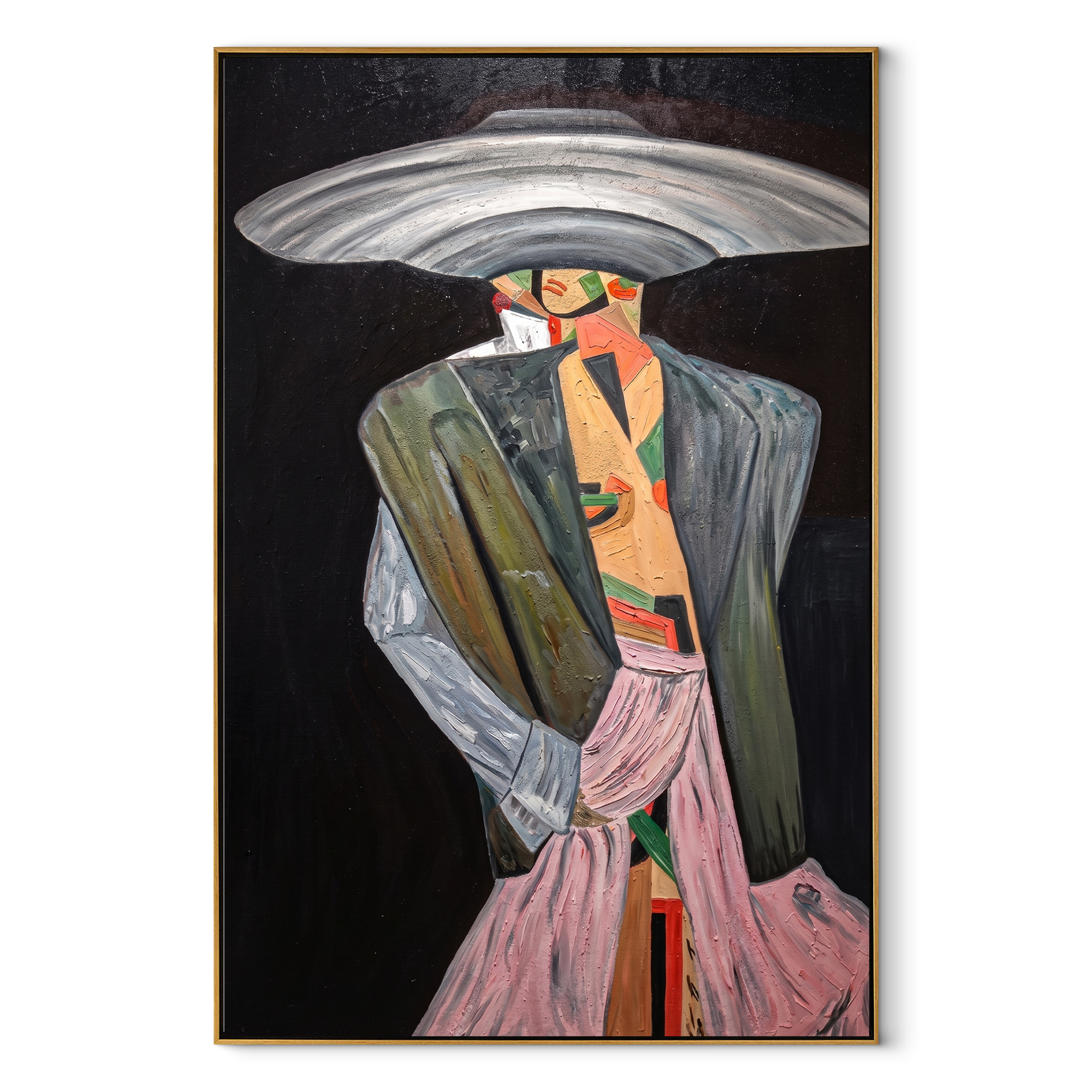 Silver Brim Takes Stage – Gray Fashion Figure Painting | Retro Modern Vertical Wall Art