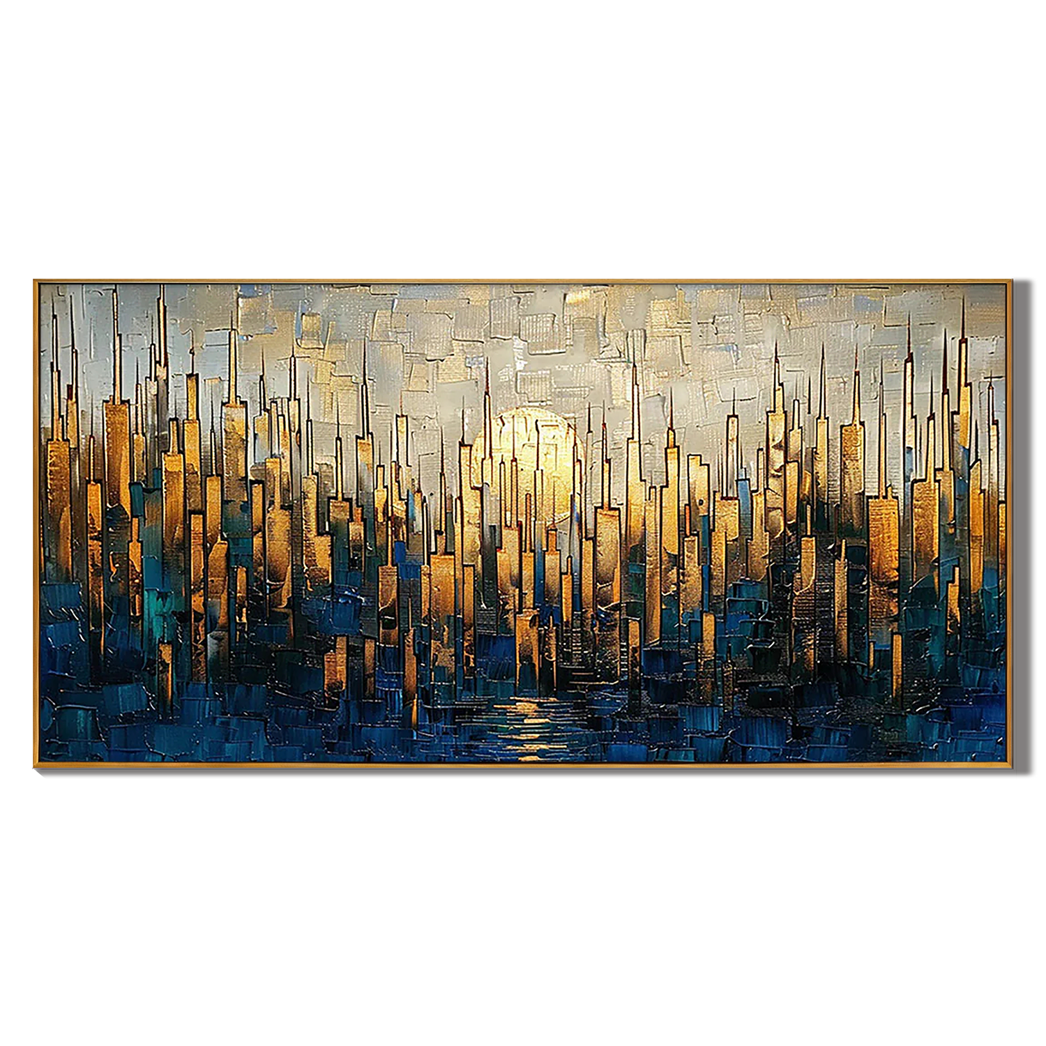 GLILDED HORIZON: Abstract Wall Art, Hand-Painted Blue and Gold Skyline Palette Knife Heavy Texture Oil Painting