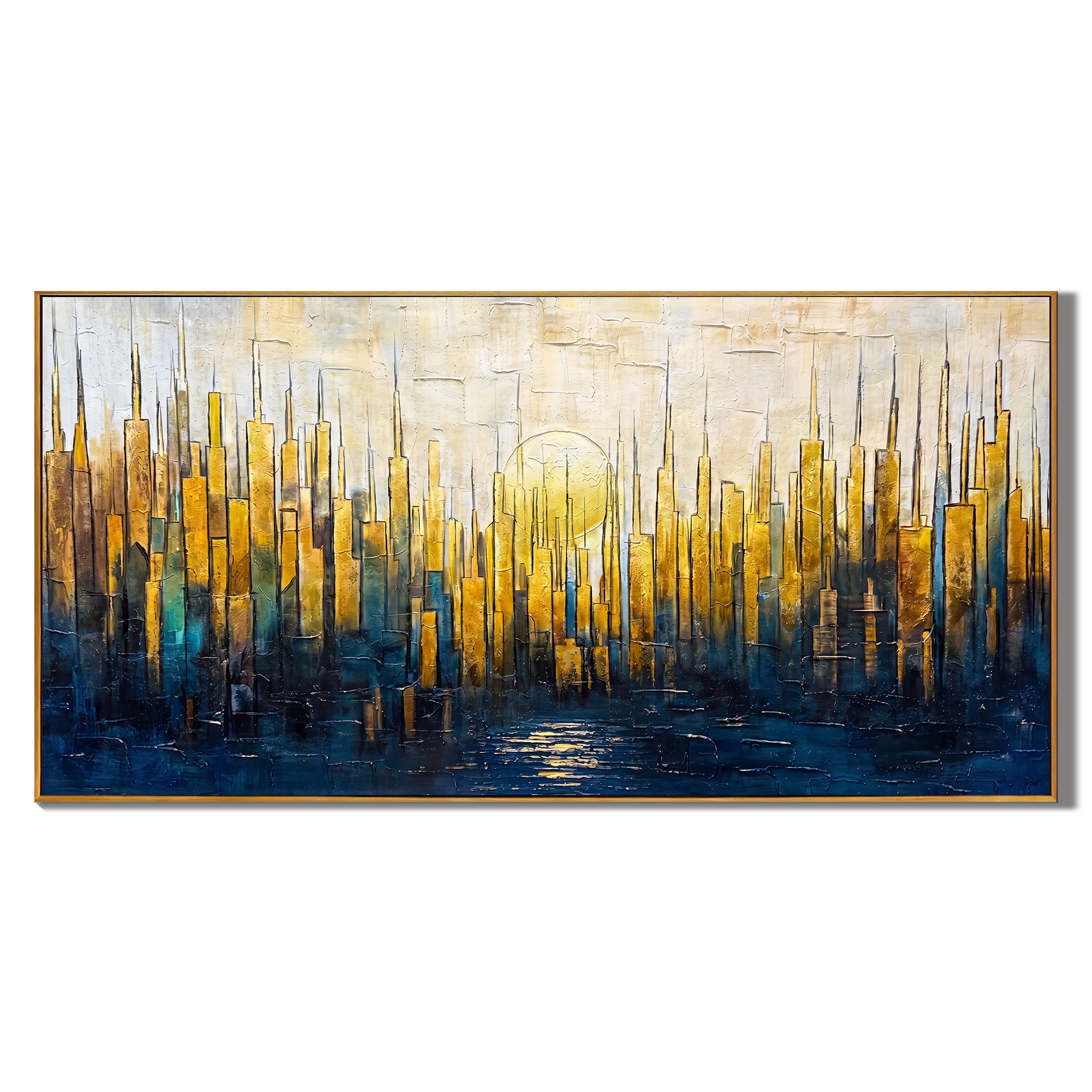 Golden Metropolis - Modern Abstract Gold and Blue Impasto Cityscape | Luxury Living Room Wall Art
