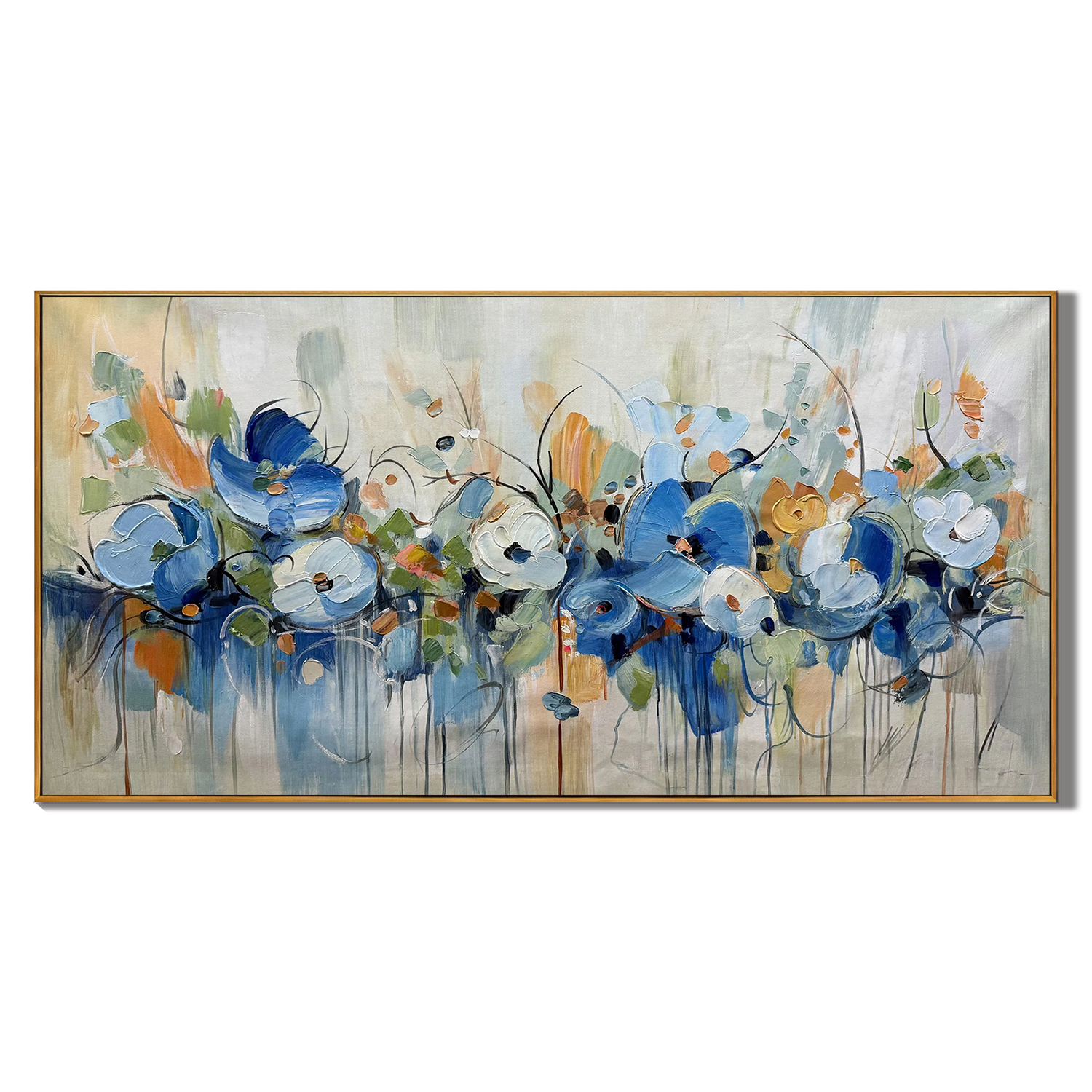 AZURE WHISPER: Floral Wall Art, Hand-Painted Blue Wildflower Palette Knife Thick Textured Impressionist Oil Painting