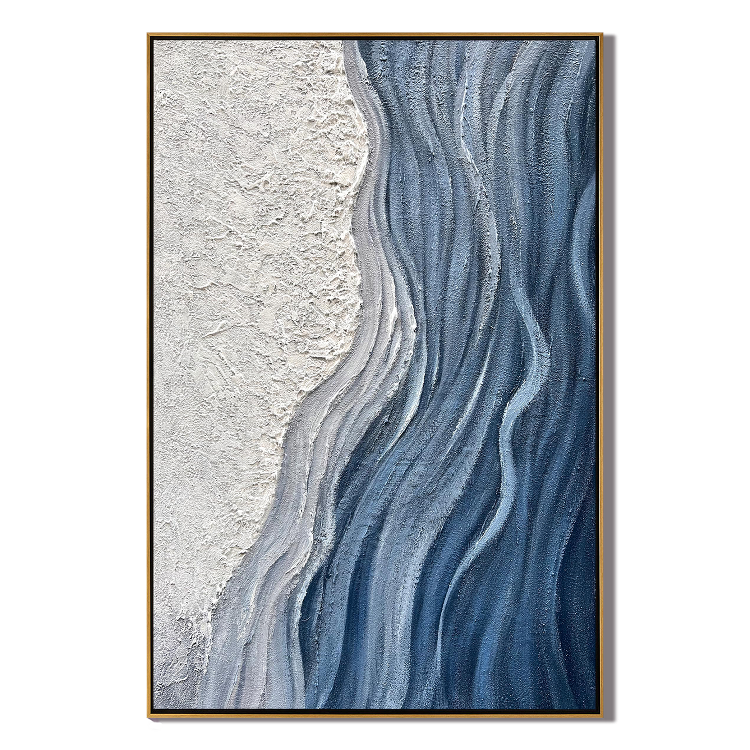 GLACIAL FLOW: Texture Wall Art, Hand-Painted Deep Blue and White Plaster Effect Relief 3D Heavy Texture Studio Art