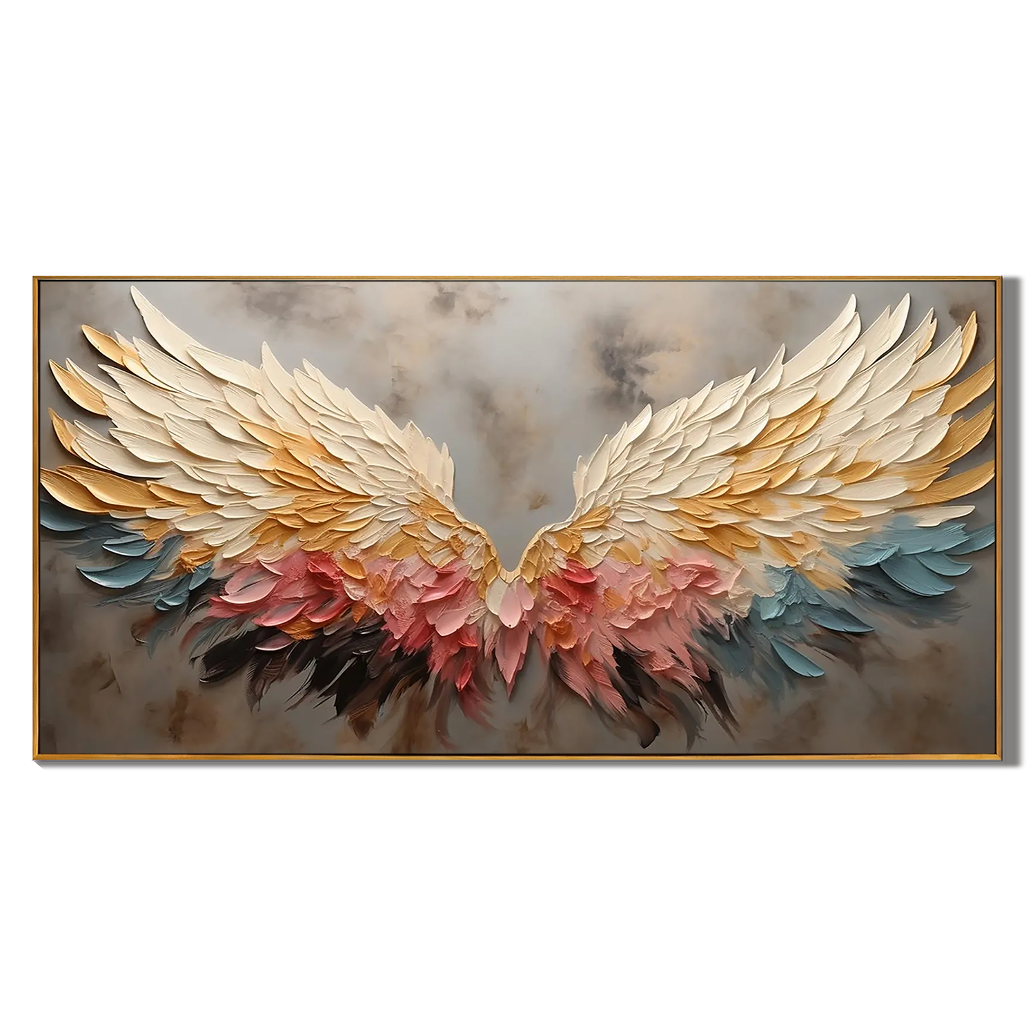 SUNSET WINGS: Panoramic 3D Heavy Texture Wing Wall Art, Gold & Rose Pink Feather Relief
