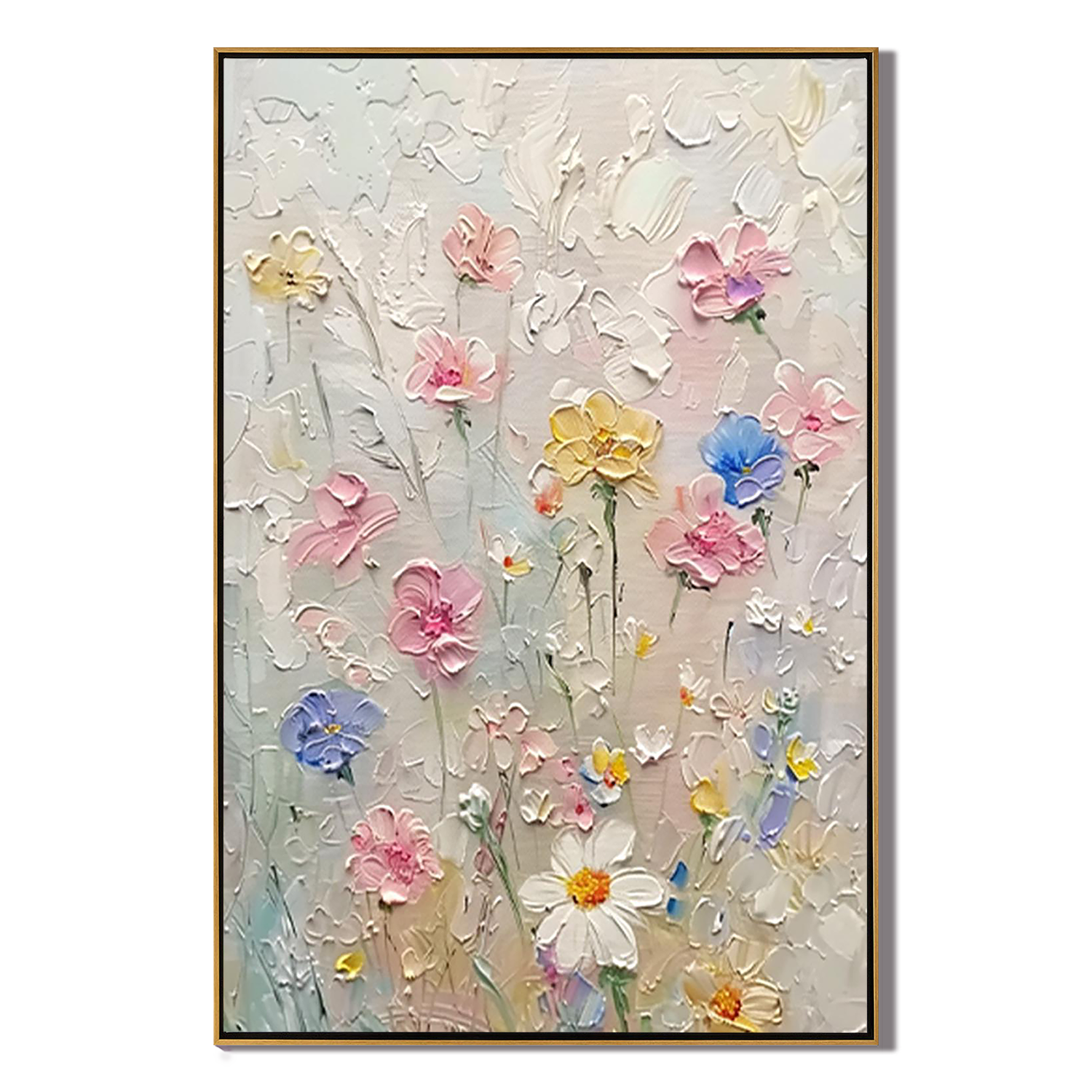 WILD DAISY: Floral Wall Art, Hand-Painted Minimalist Beige and Pink 3D Impasto Heavy Texture Gallery Art