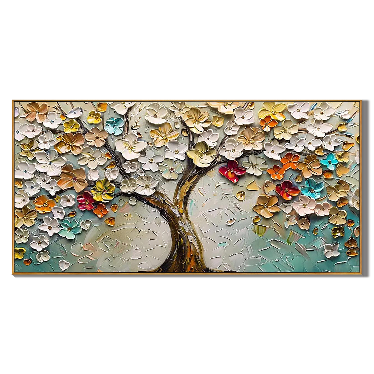 BLOSSOM SYMPHONY: Panoramic 3D Heavy Texture Tree Wall Art, Vibrant Floral Relief Painting