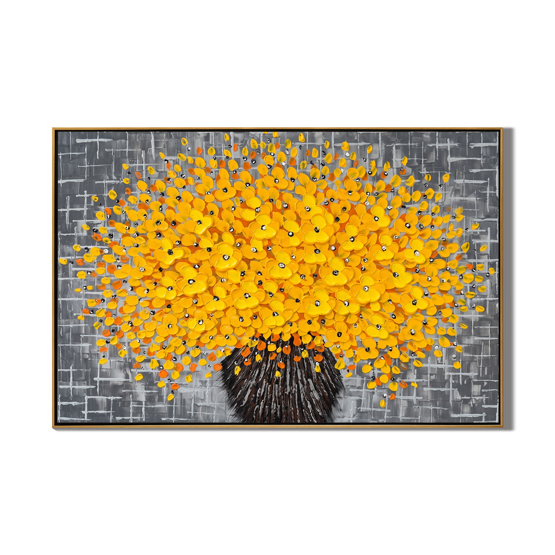 Golden Bloom – Grey & Yellow Impasto Abstract Floral Oil Painting | Modern Luxury Living Room Art