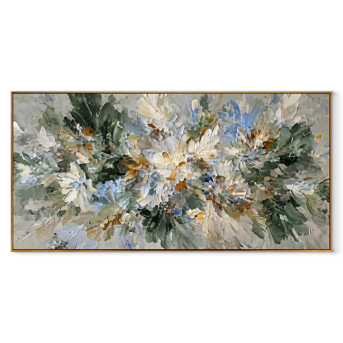 White Bloom Explodes – White Green Floral Abstract Painting | Modern Horizontal Wall Art