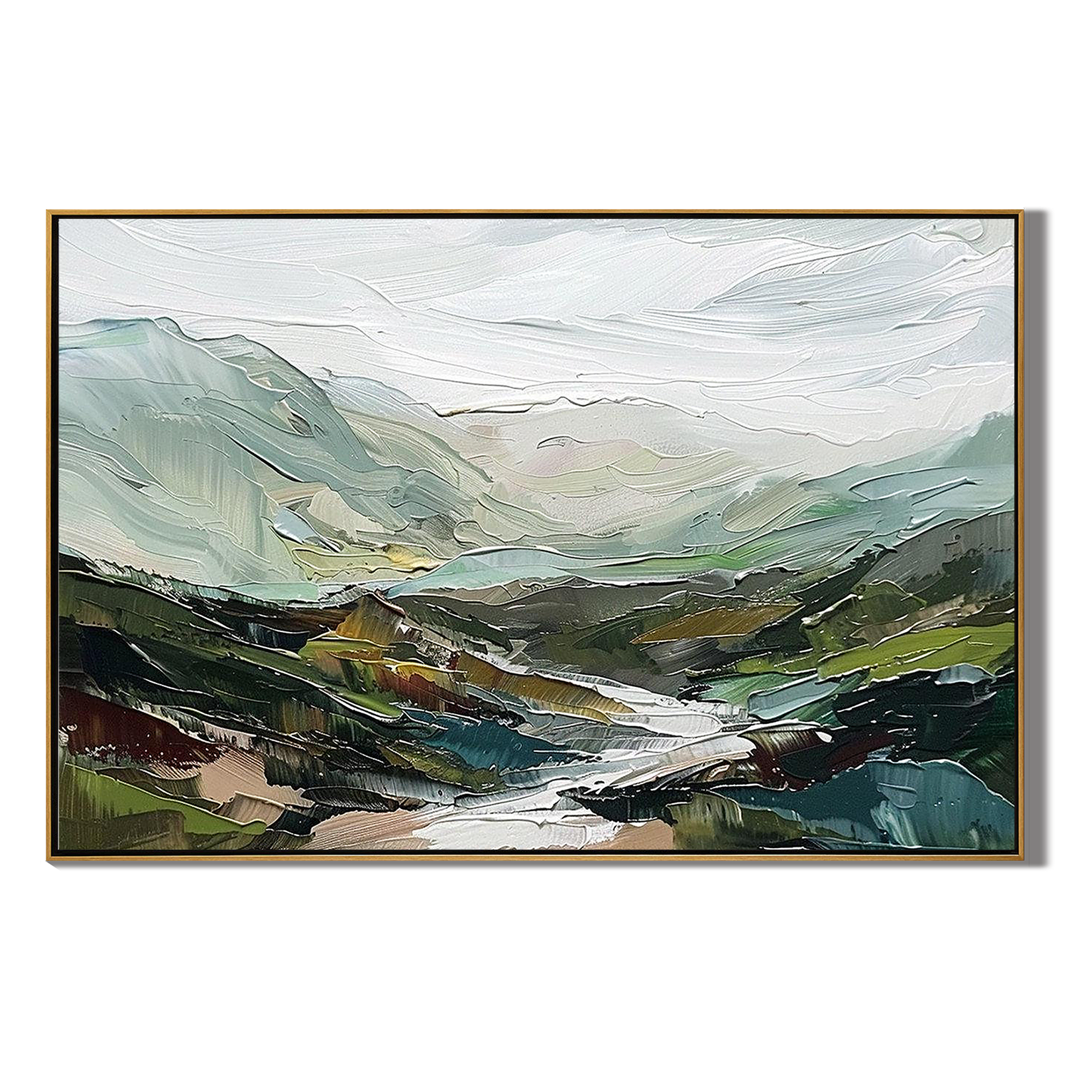 EMERALD VALLEY: Landscape Wall Art, Hand-Painted Green Mountain and River Valley Palette Knife Oil Painting