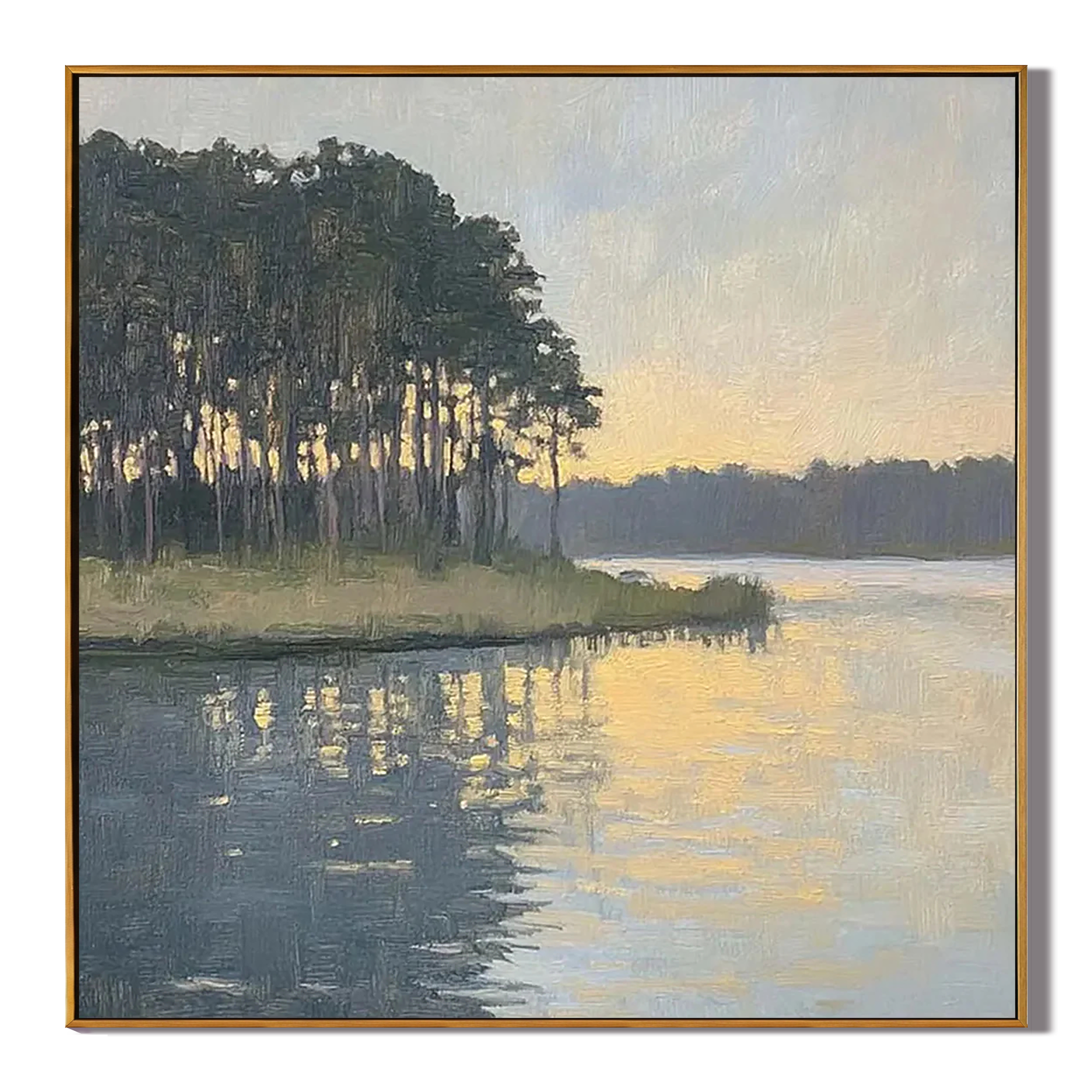 Shattered Gold in the Pines – Impressionist Lakeside Sunset Oil Painting | Serene Landscape Hallway Art