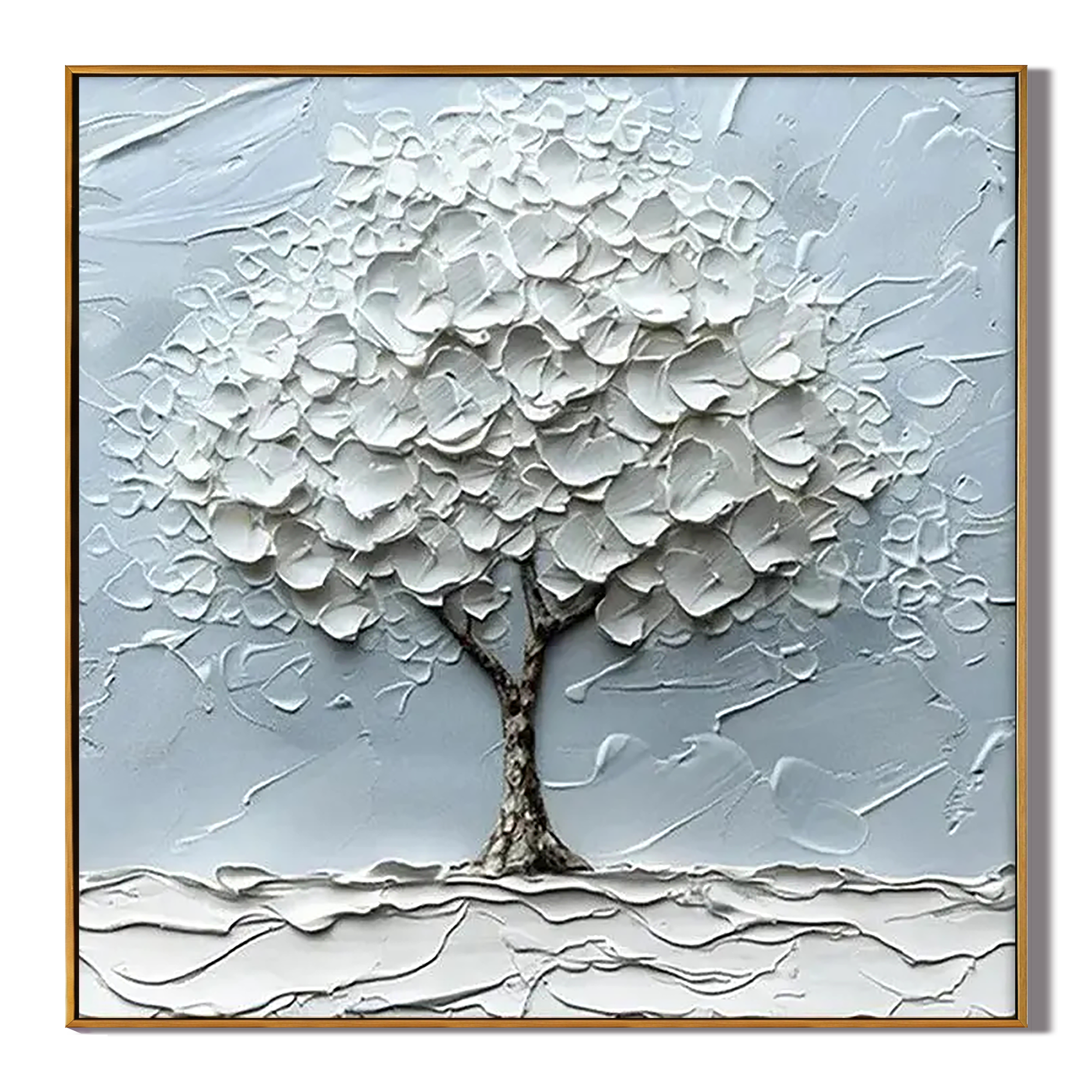 Sacred Solitude - Minimalist Heavy Impasto White Tree of Life | Wabi-Sabi Square Living Room Wall Art