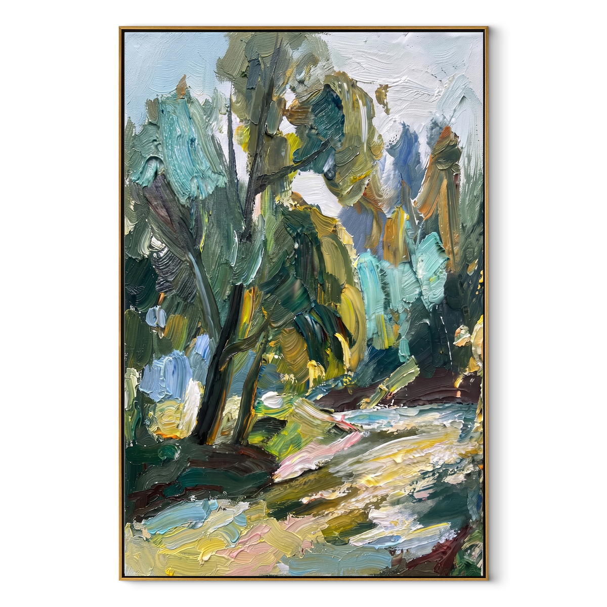 Green Passage Under Trees – Forest Creek Landscape Painting | Modern Vertical Wall Art