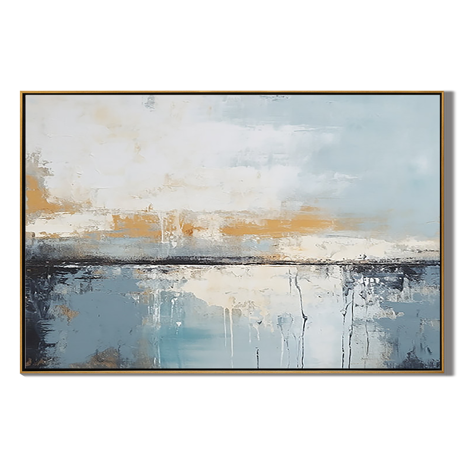 ETHEREAL HORIZON: Horizontal 3D Heavy Texture Abstract Wall Art, Modern Blue & Gold Palette Knife Relief