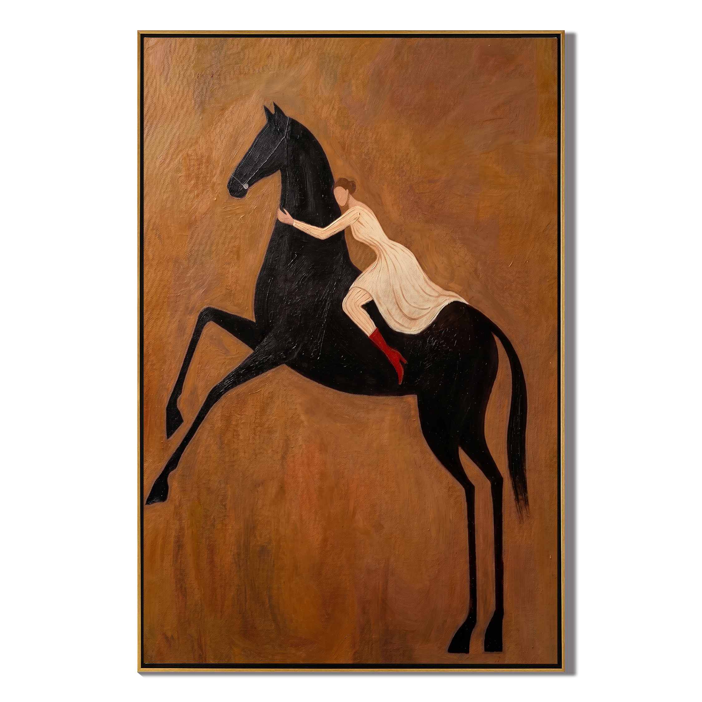 The Wild Embrace – Modern Romanticism Black Horse & Girl Painting | Rustic Caramel Home Office Art