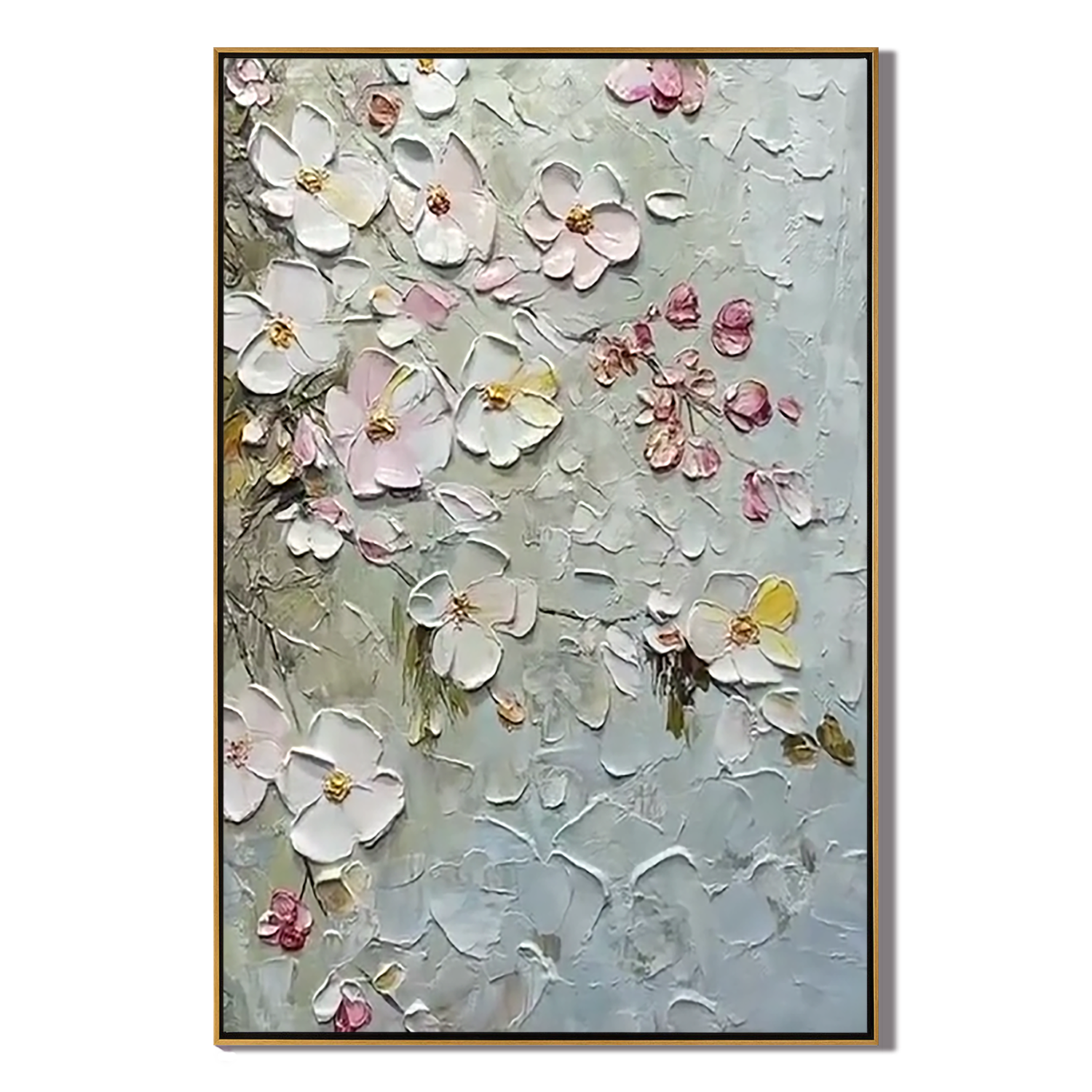 SILVER PETALS: Floral Wall Art, Hand-Painted Grey and Soft Pink Cherry Blossom 3D Relief Plaster Canvas Painting