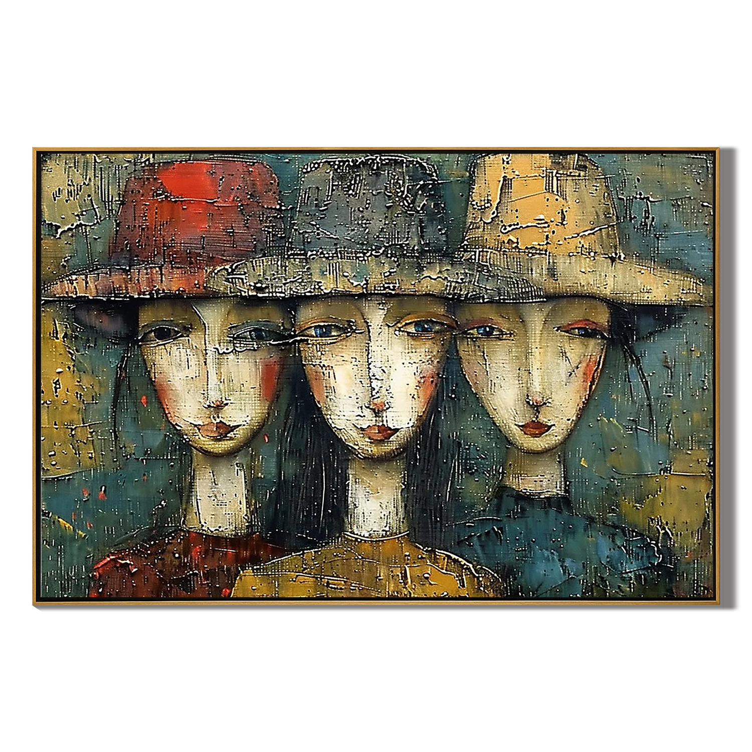 SISTERHOOD CHIC: People Portrait Art, Hand-Painted Horizontal Abstract Women with Hats Expressionist 3D Textured Studio Art