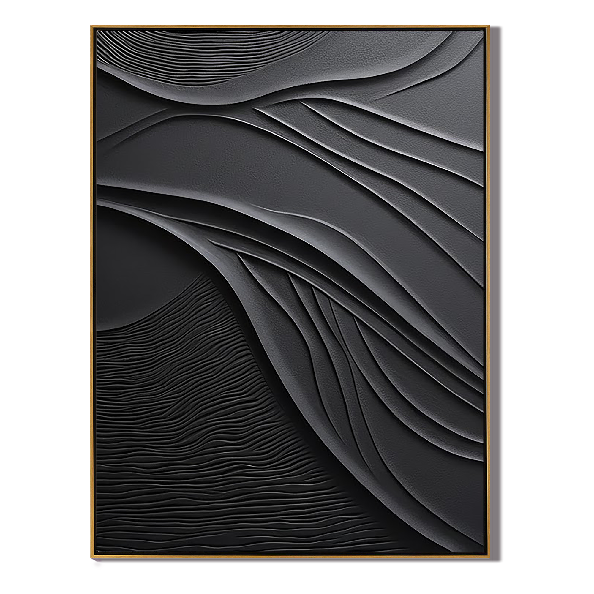 SHADOW CURVATURE: Texture Wall Art, Hand-Painted All-Black Minimalist Fluid Wave Plaster Relief 3D Heavy Texture Studio Art