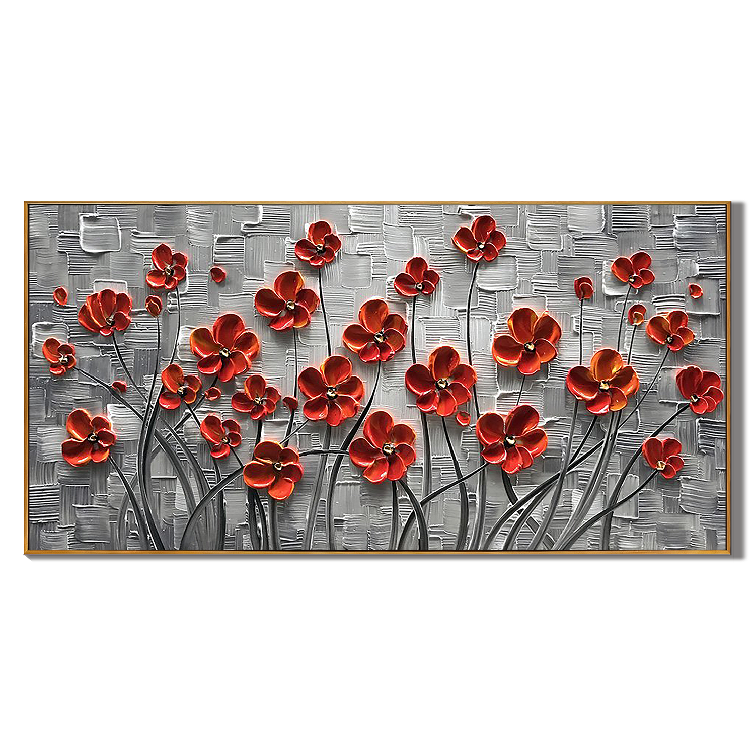 SCARLET PETALS: Panoramic 3D Heavy Texture Floral Wall Art, Vibrant Red Flower Relief Painting