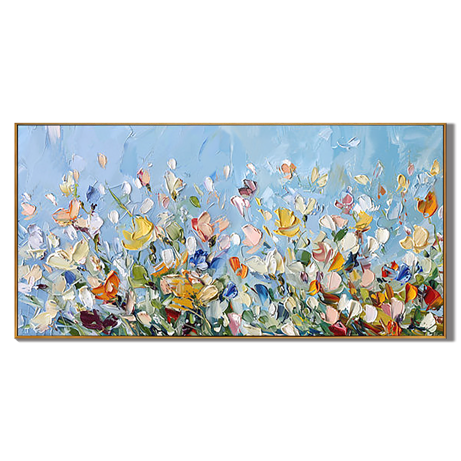AZURE MEADOW: Floral Wall Art, Hand-Painted Wildflower Field Impressionist Palette Knife 3D Impasto Textured Canvas Painting