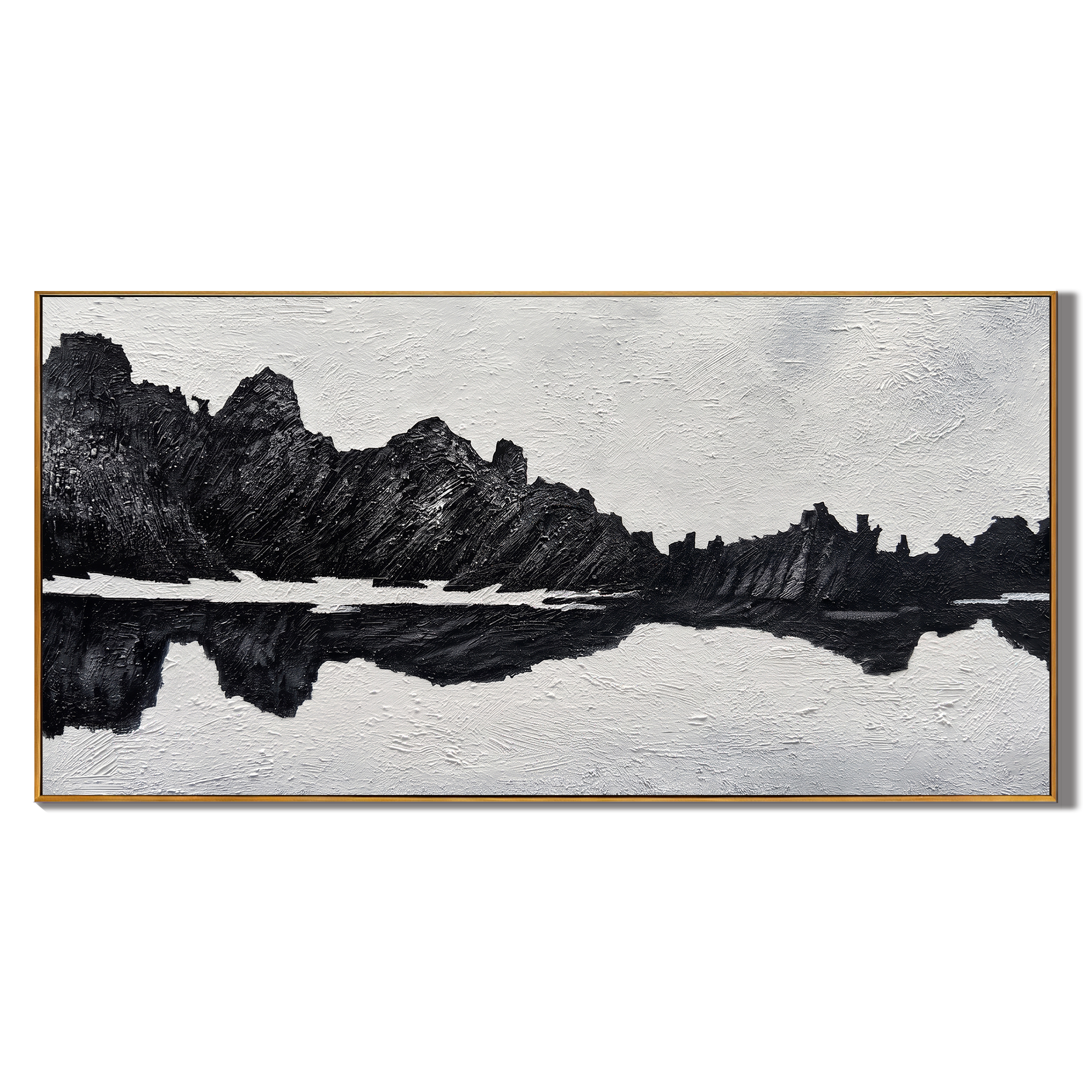 Silent Peaks – Black & White Minimalist Impasto Mountain Reflection | Modern Wabi-Sabi Office Art