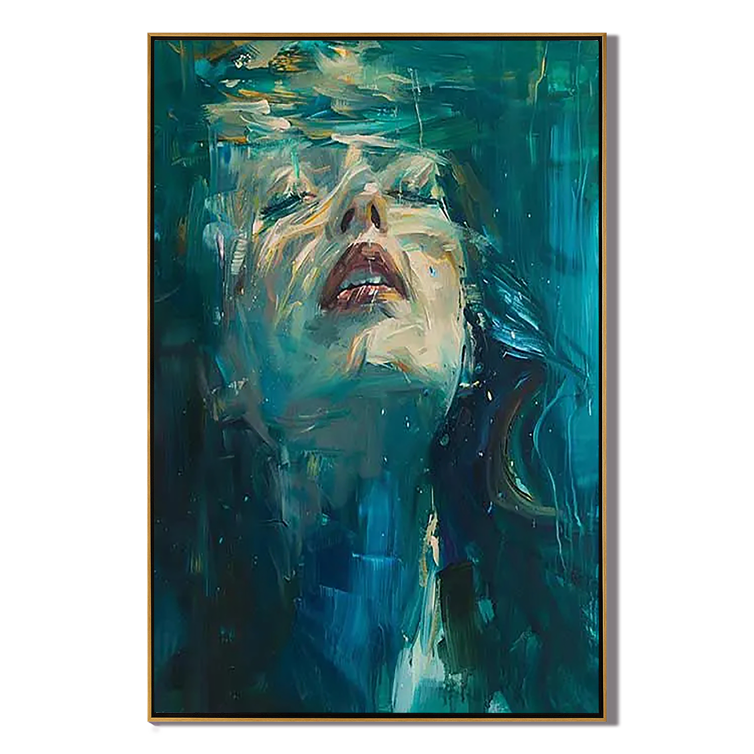 AQUATIC REVERIE: People Portrait Art, Hand-Painted Underwater Woman Figure Teal Blue Abstract Textured Oil Painting
