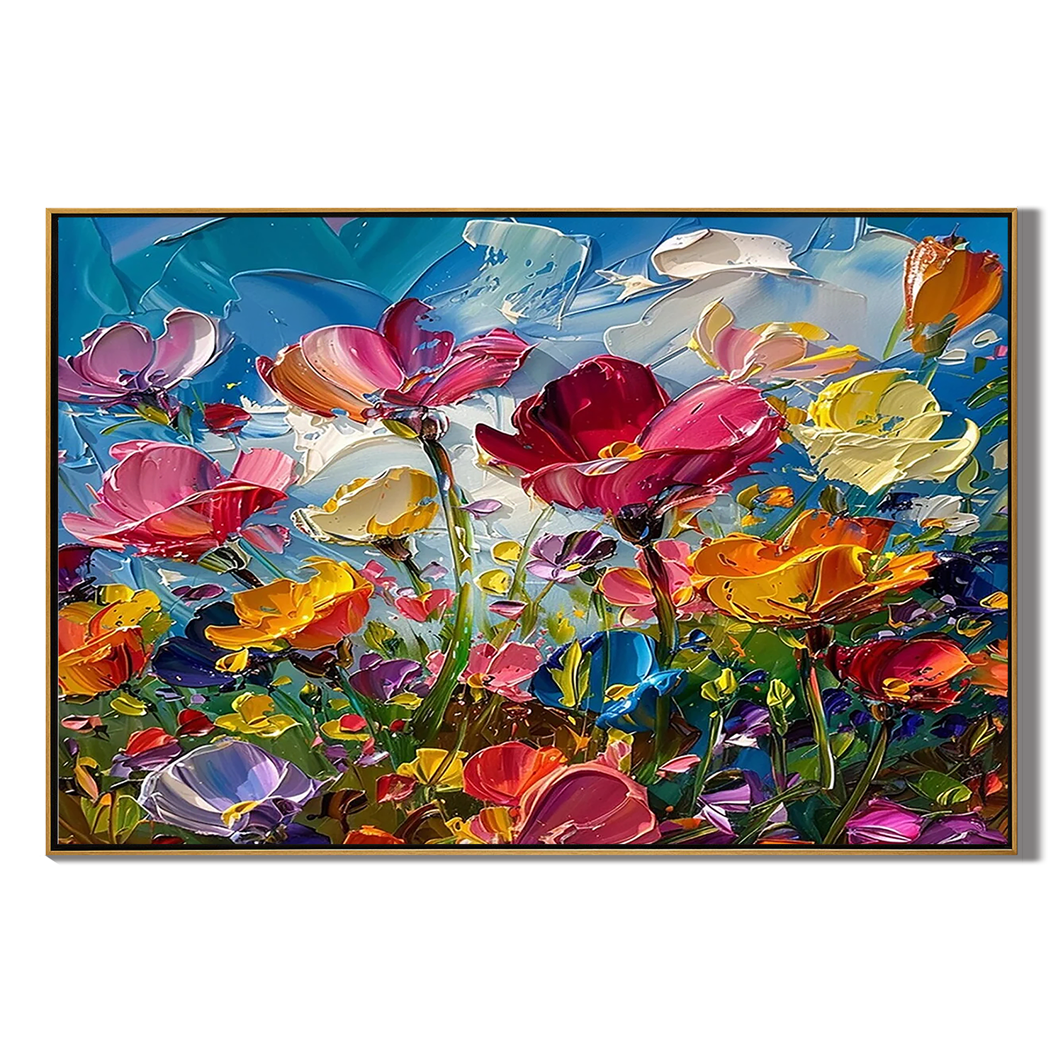 VIVID BLOOM: Panoramic 3D Heavy Texture Floral Wall Art, Modern Rainbow Wildflower Impasto
