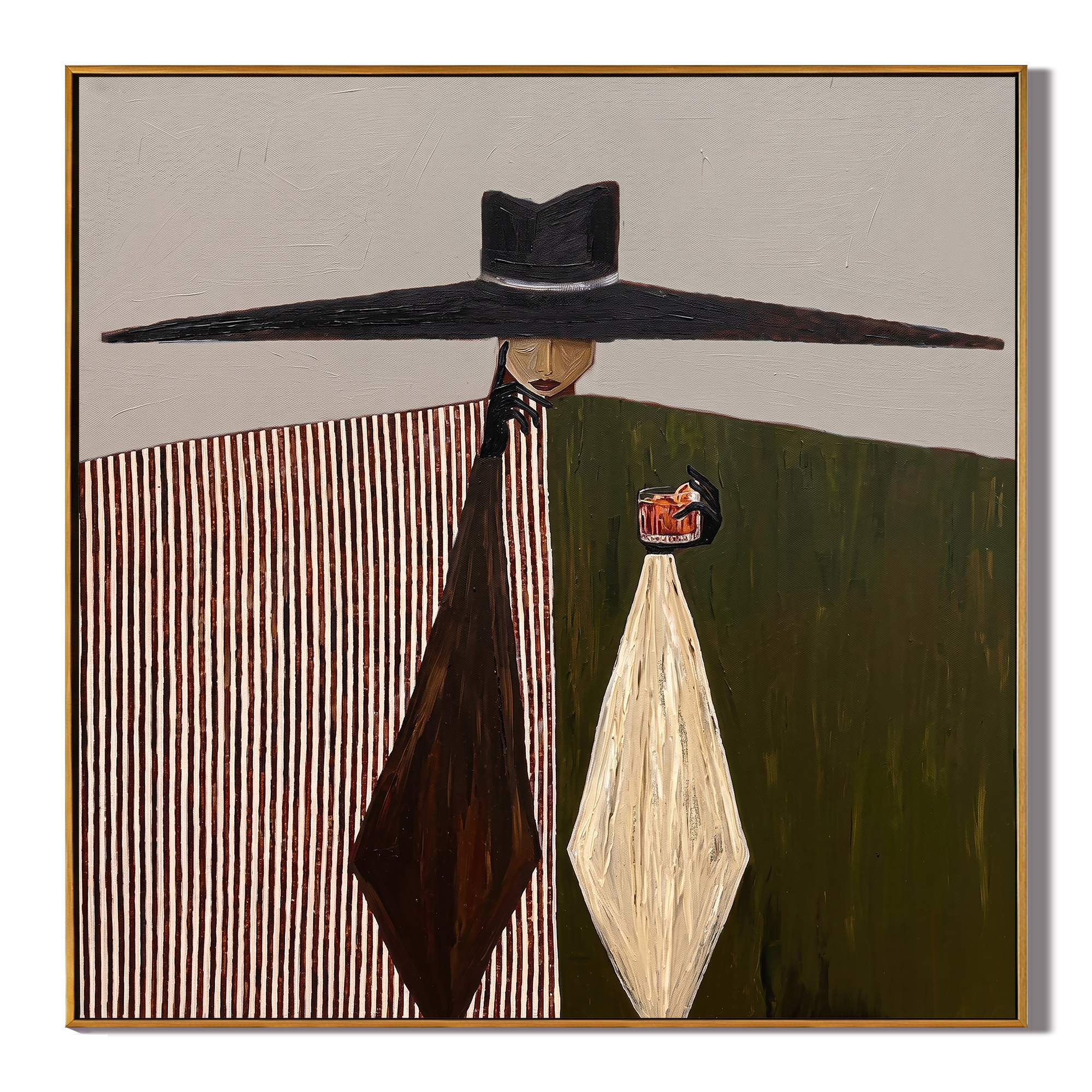 The Midnight Monologue – Surrealistic Modern Woman with Over-sized Hat Painting | Retro Elegant Living Room Art