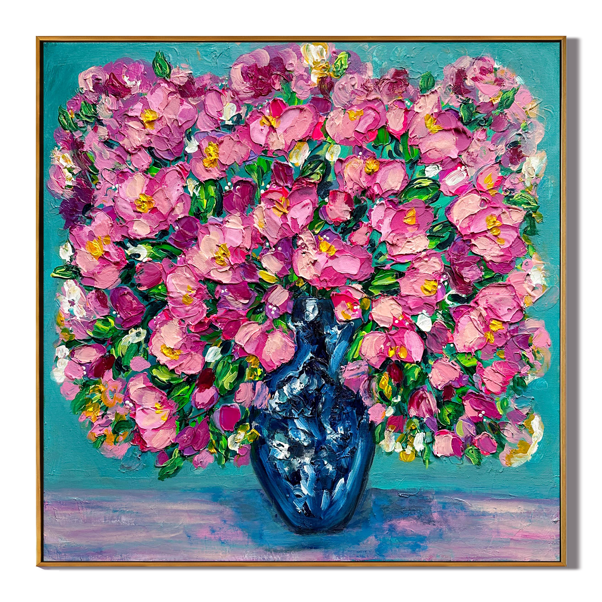 ROYAL BOUQUET: Square 3D Heavy Texture Floral Wall Art, Pink Peony Relief in Teal Vase