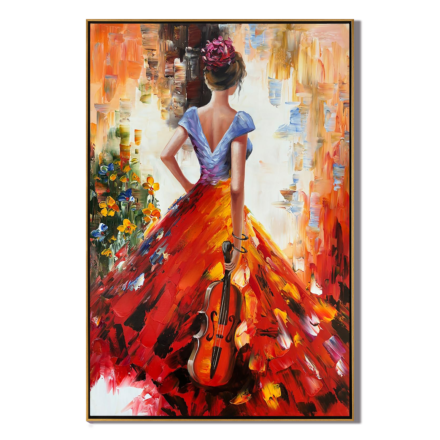 FLAMENCO SOUL: Bold Red Dress Lady with Cello Painting, Heavy Impasto Musical Art